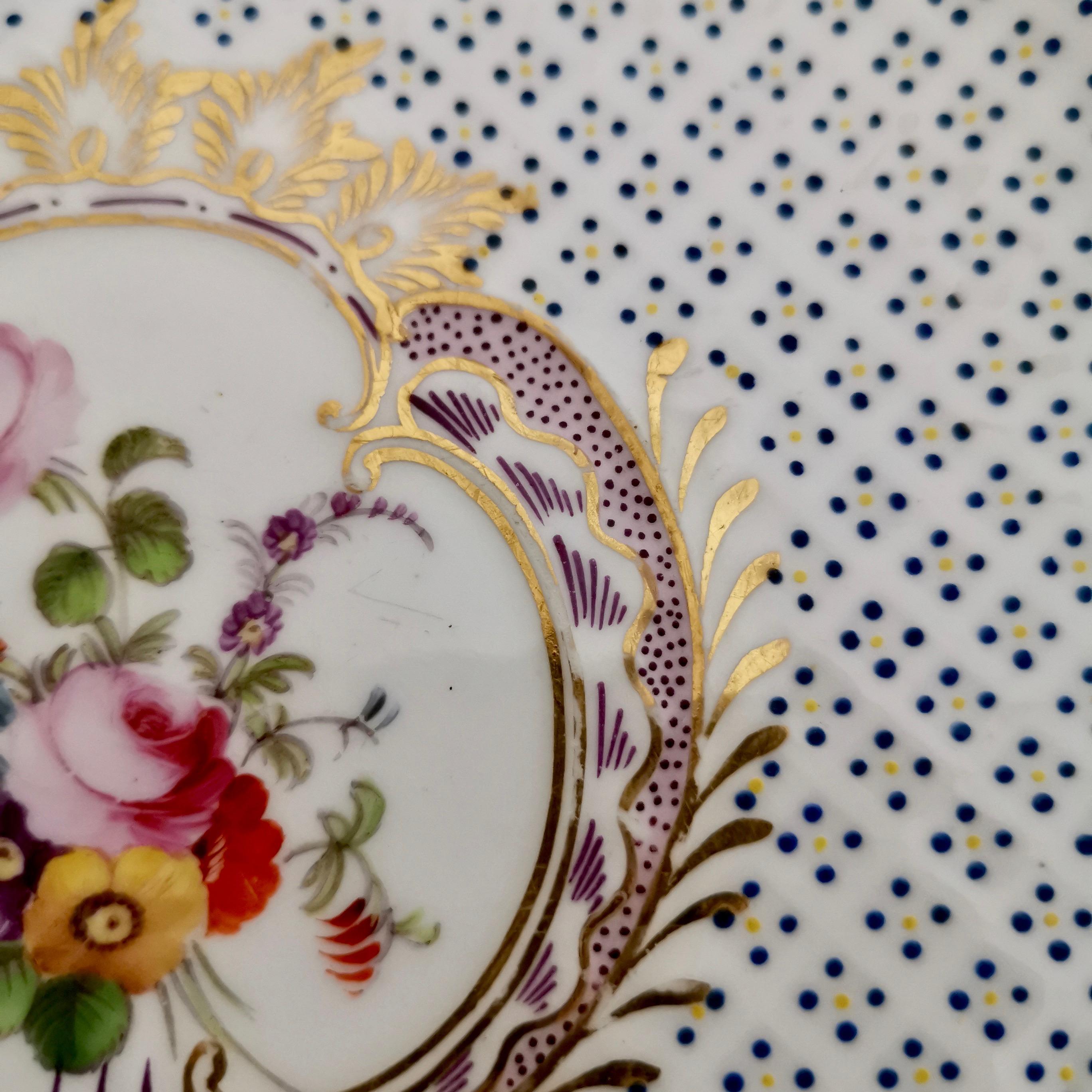 Coalport Porcelain Plate, Moulded Surface, White, Blue, Flowers, Regency ca 1820 6