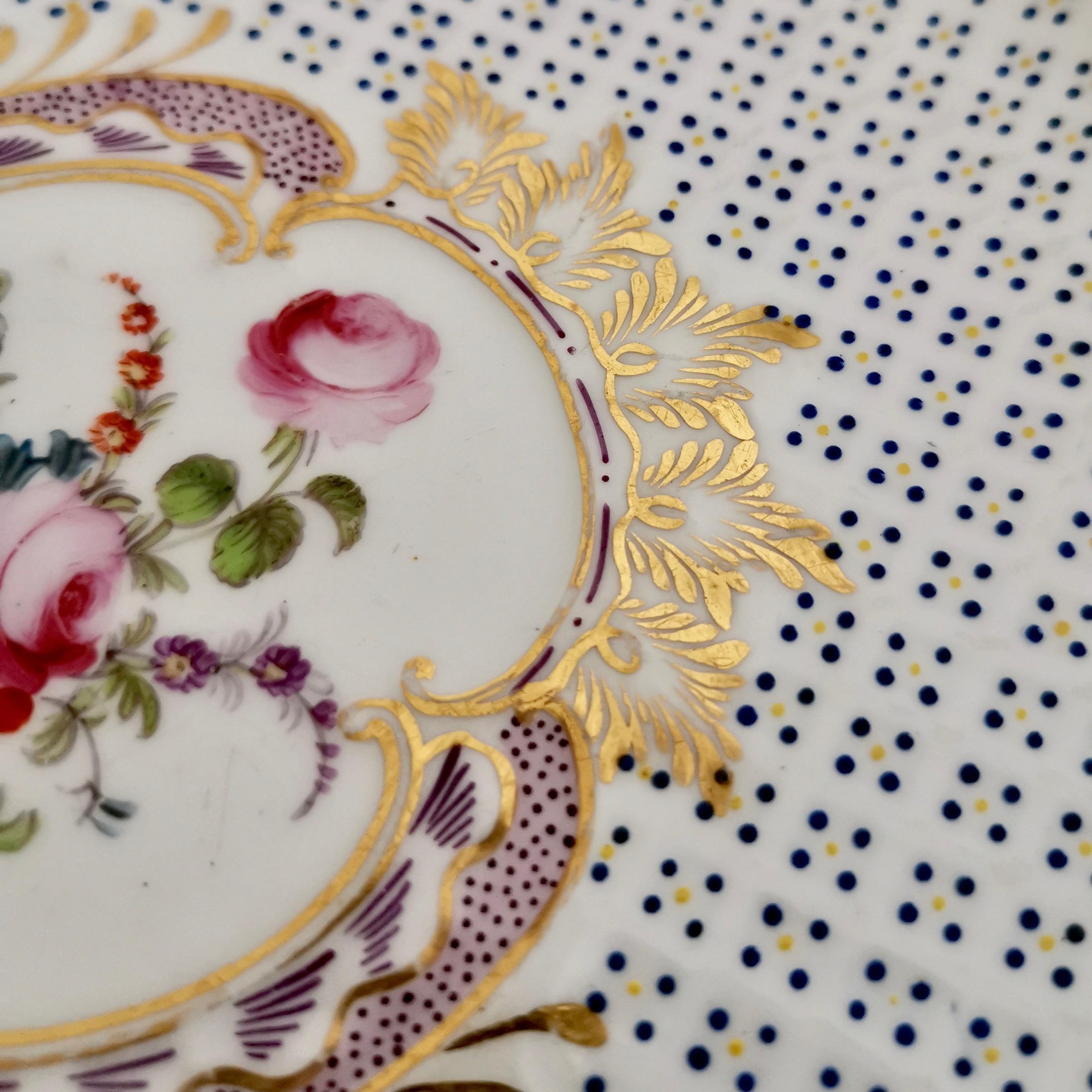 English Coalport Porcelain Plate, Moulded Surface, White, Blue, Flowers, Regency ca 1820