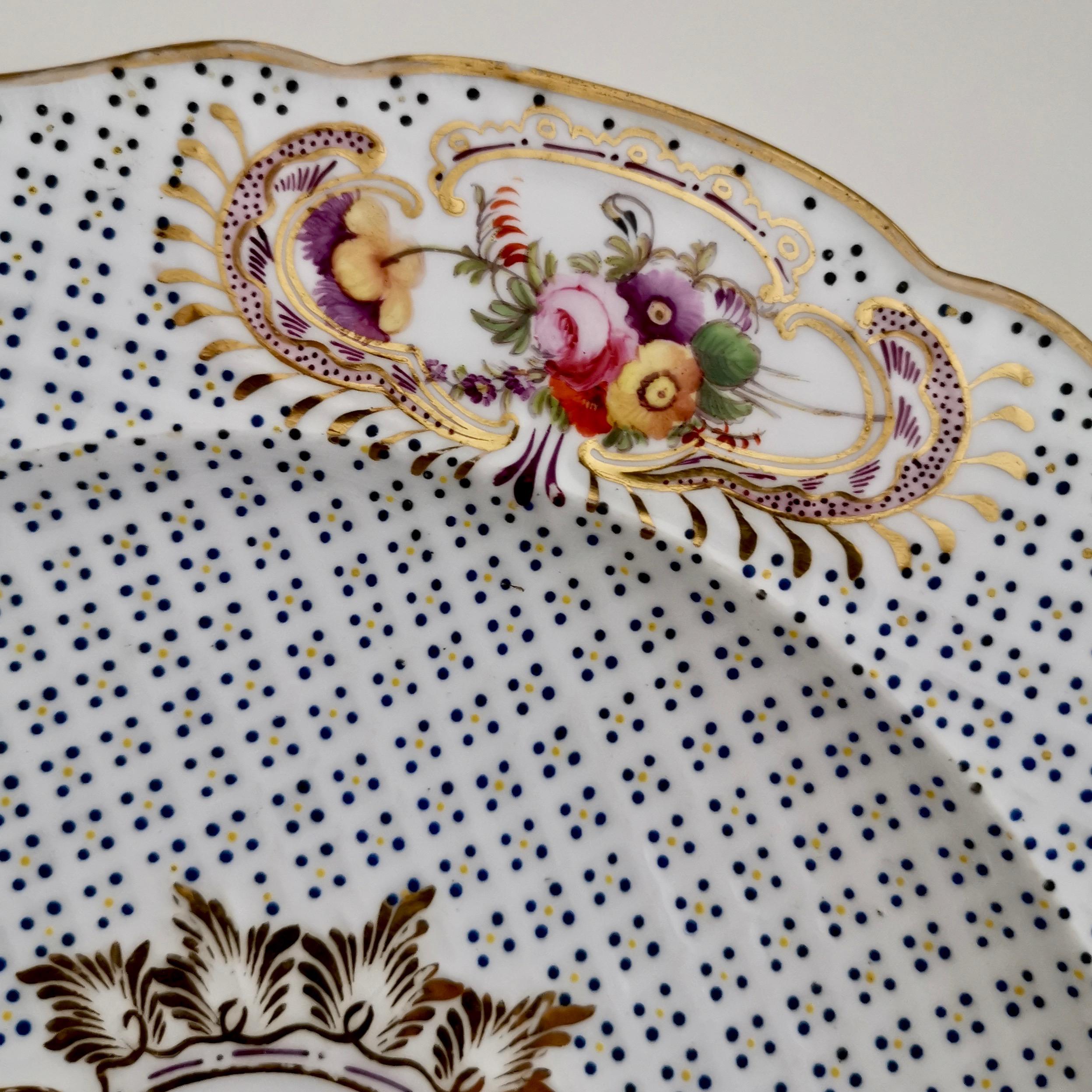 Hand-Painted Coalport Porcelain Plate, Moulded Surface, White, Blue, Flowers, Regency ca 1820