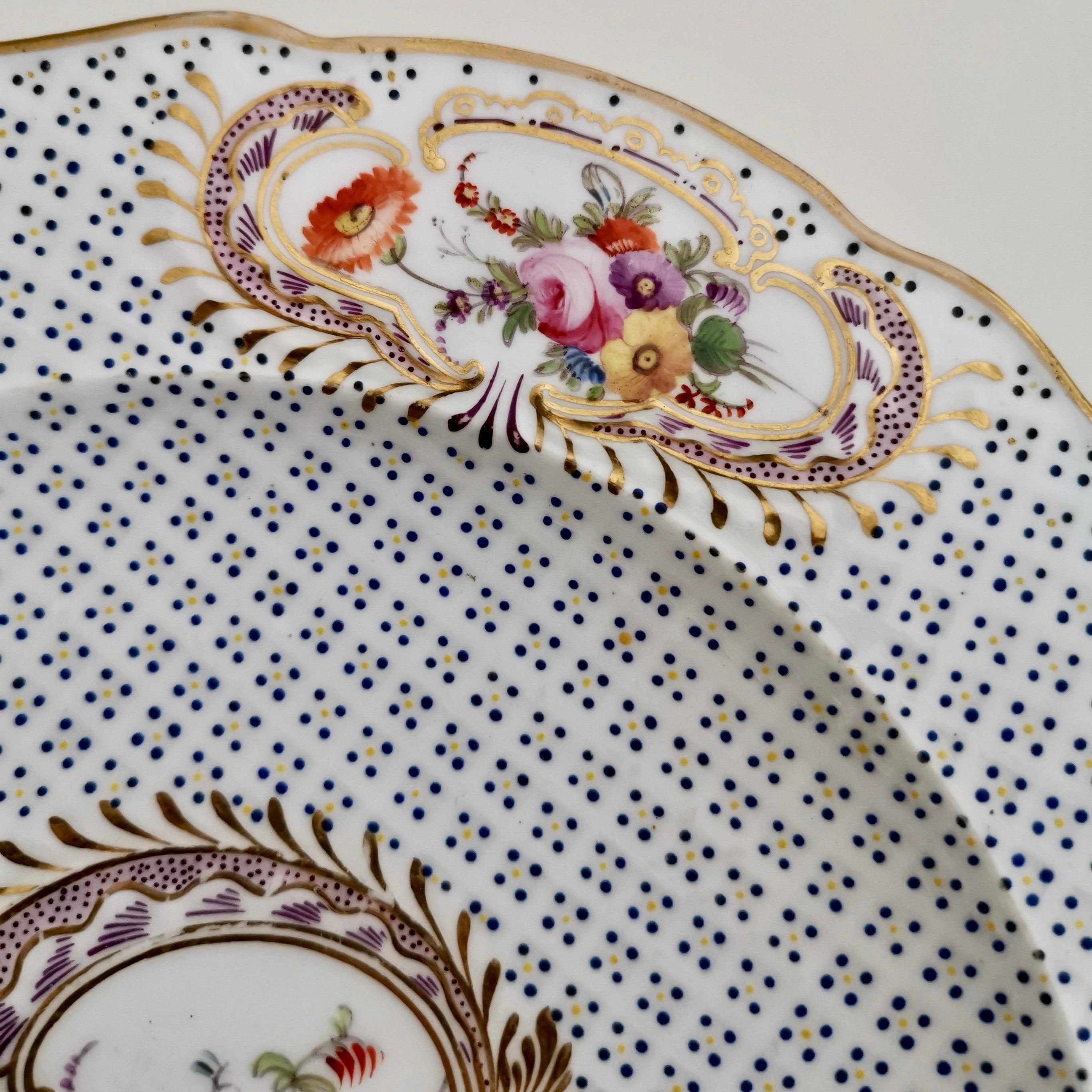 Coalport Porcelain Plate, Moulded Surface, White, Blue, Flowers, Regency ca 1820 In Good Condition In London, GB