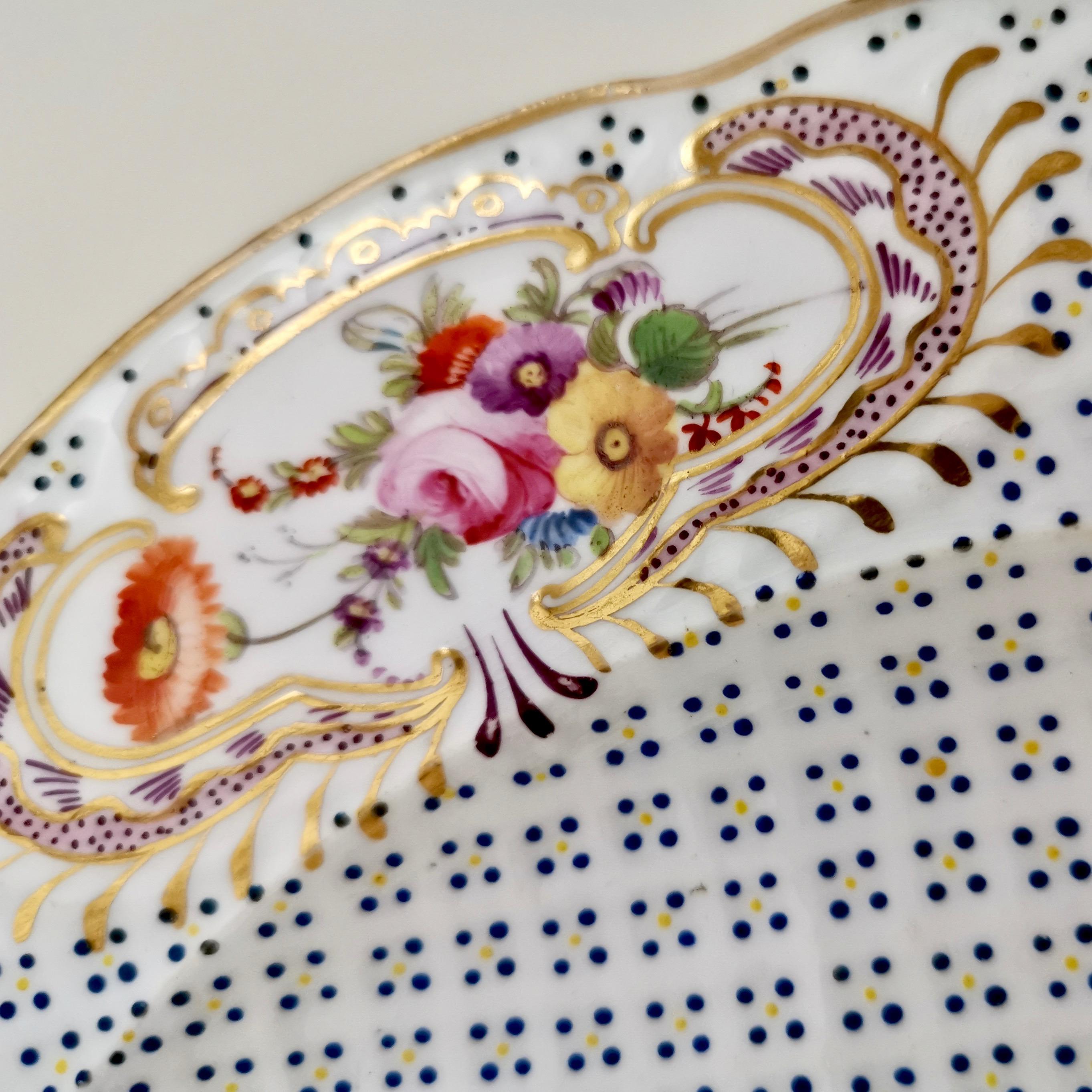 Coalport Porcelain Plate, Moulded Surface, White, Blue, Flowers, Regency ca 1820 1