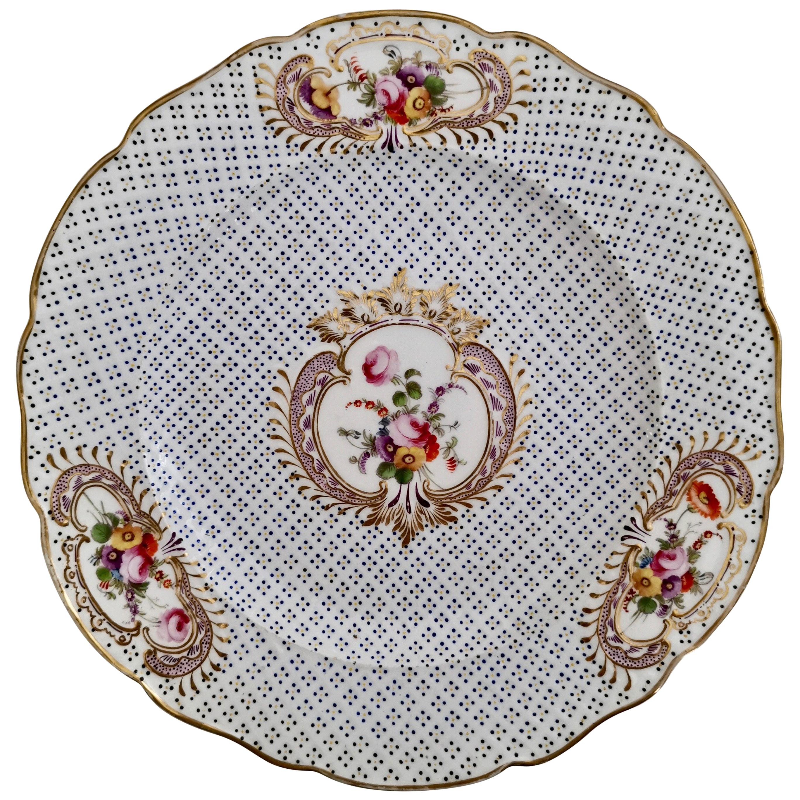 Coalport Porcelain Plate, Moulded Surface, White, Blue, Flowers, Regency ca 1820