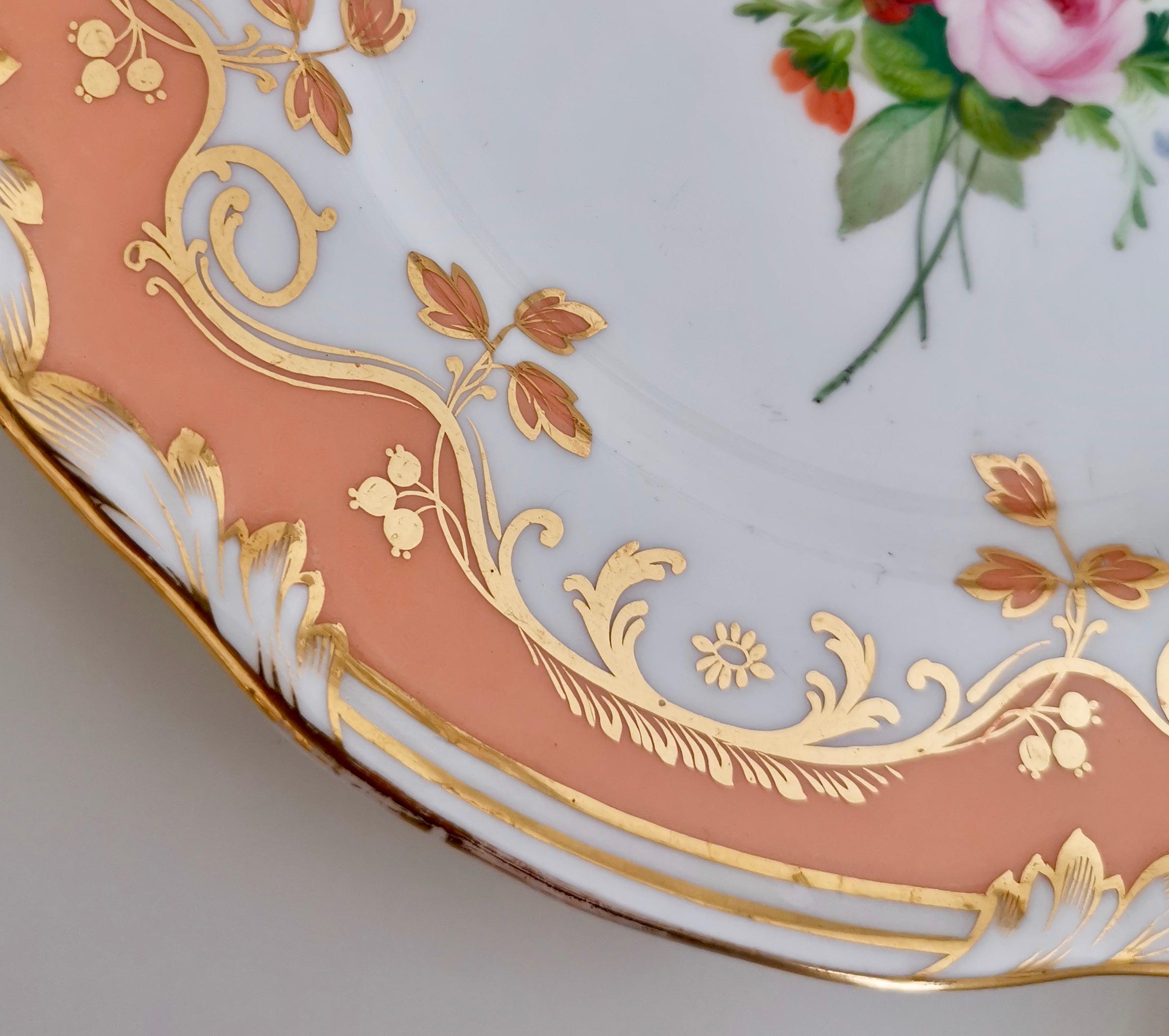 Mid-19th Century Coalport Porcelain Plate, Peach Ground and Flowers by Thomas Dixon, '1'