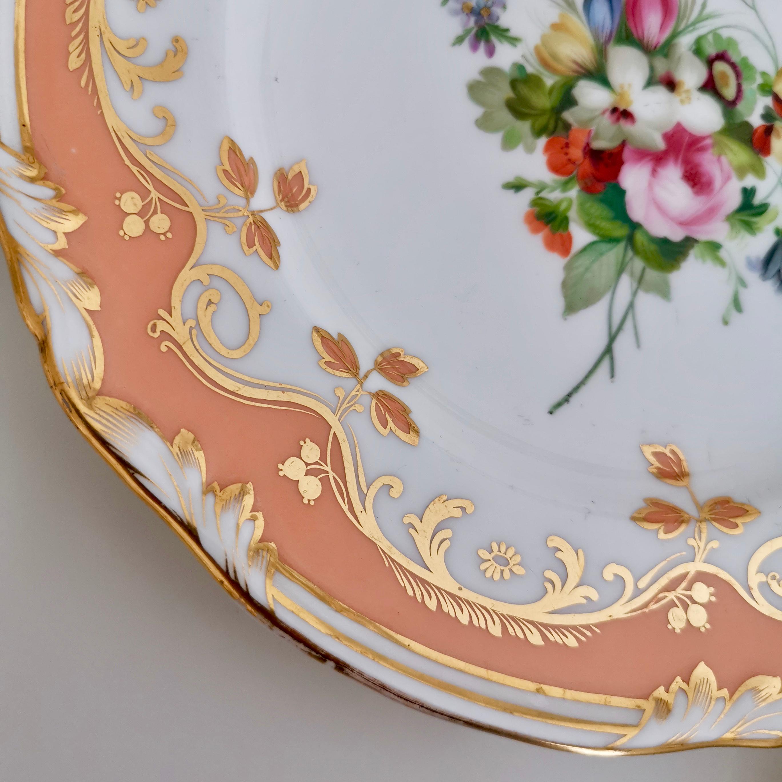 Mid-19th Century Coalport Porcelain Plate, Peach Ground and Flowers by Thomas Dixon