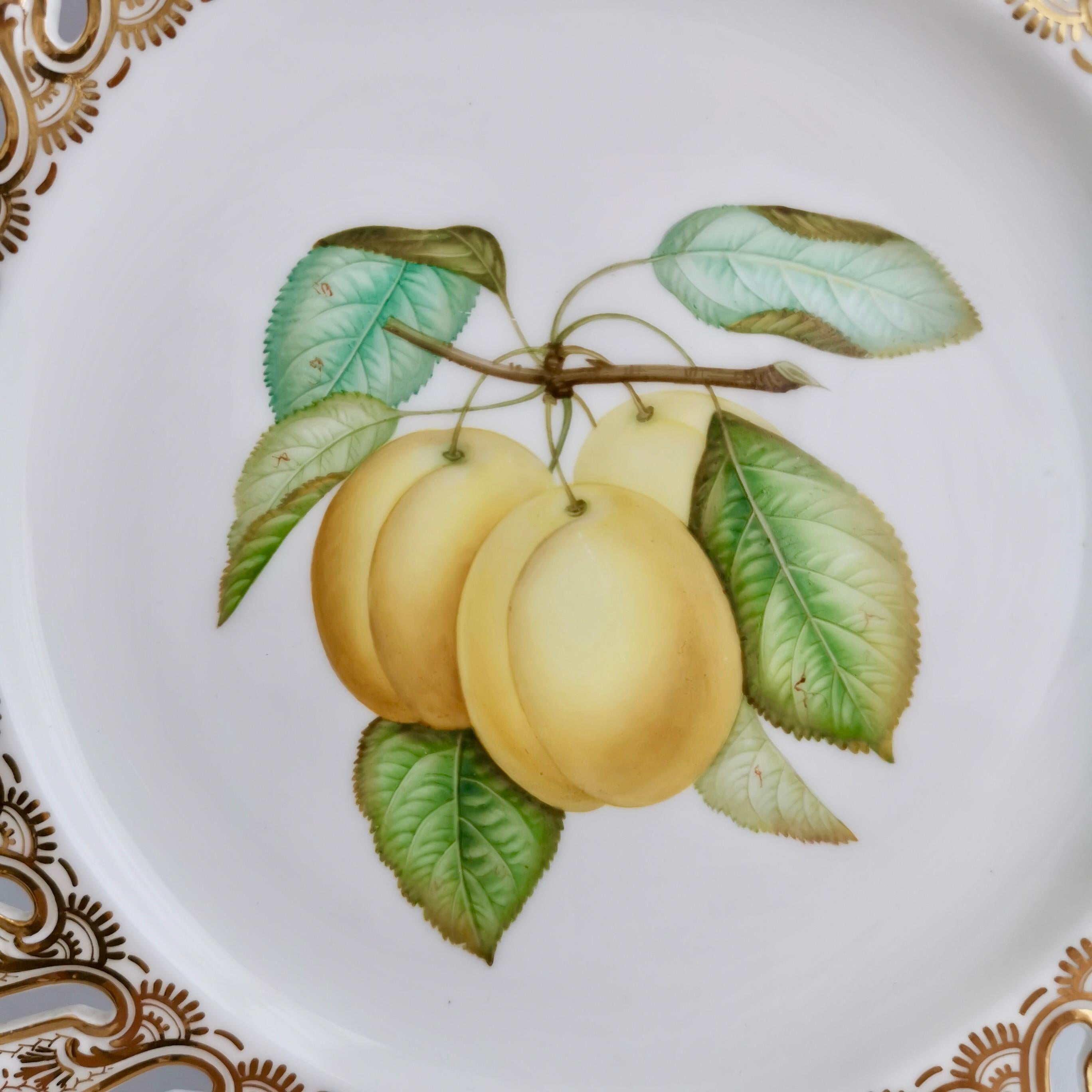 Victorian Coalport Porcelain Plate, Pierced Rim, Yellow Plums by Joseph Birbeck, ca 1848