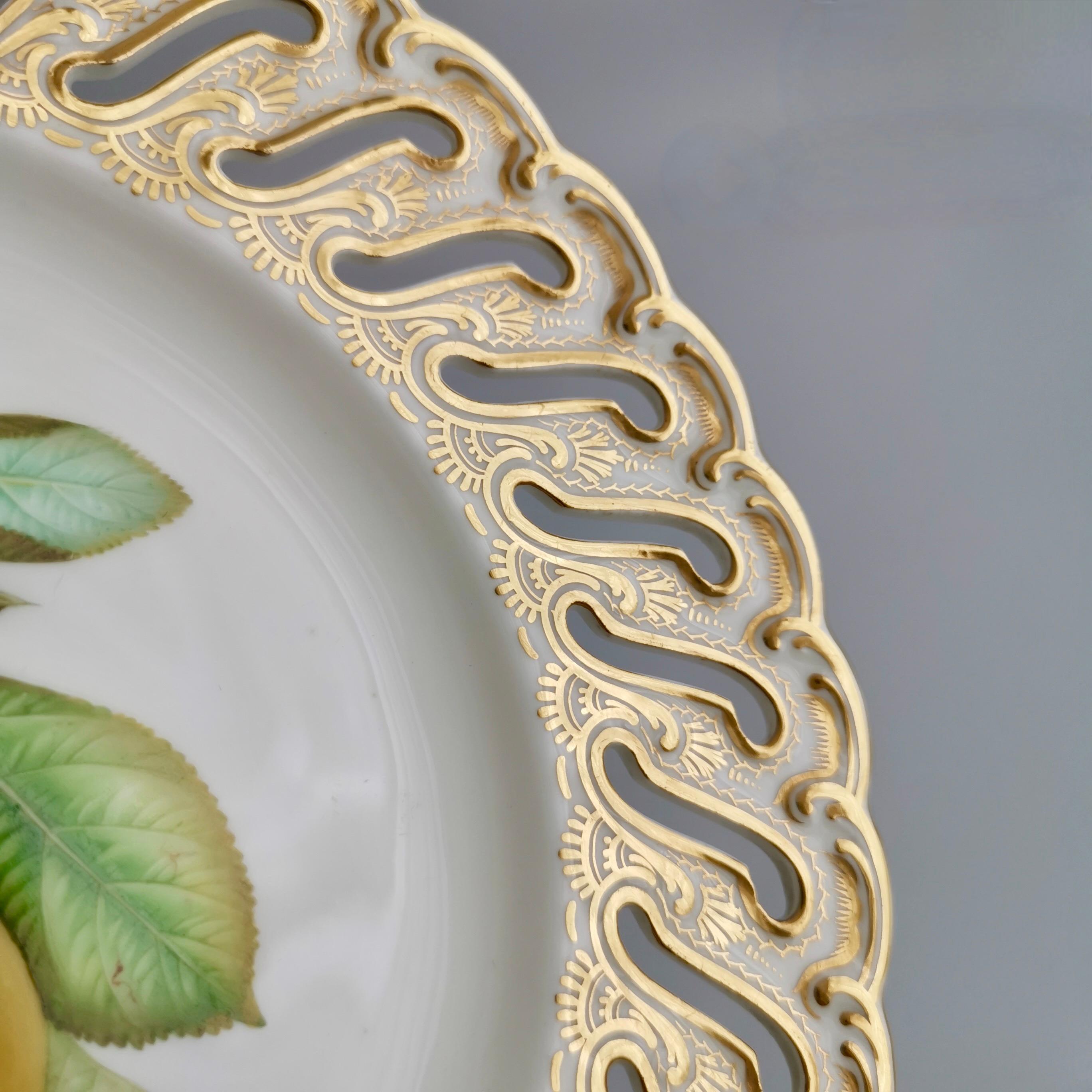 English Coalport Porcelain Plate, Pierced Rim, Yellow Plums by Joseph Birbeck, ca 1848