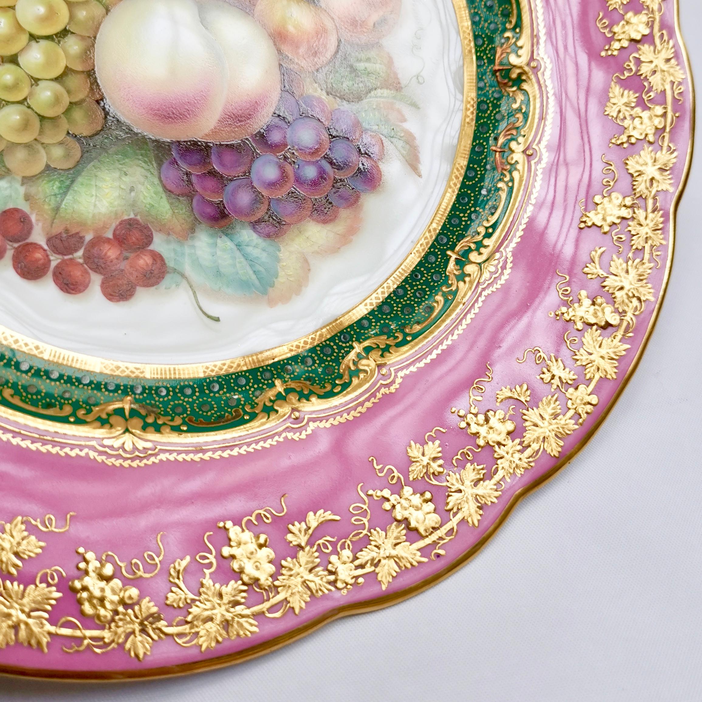 Victorian Coalport Porcelain Plate, Rose du Barry Pink, Fruits by Jabey Aston, circa 1870 For Sale