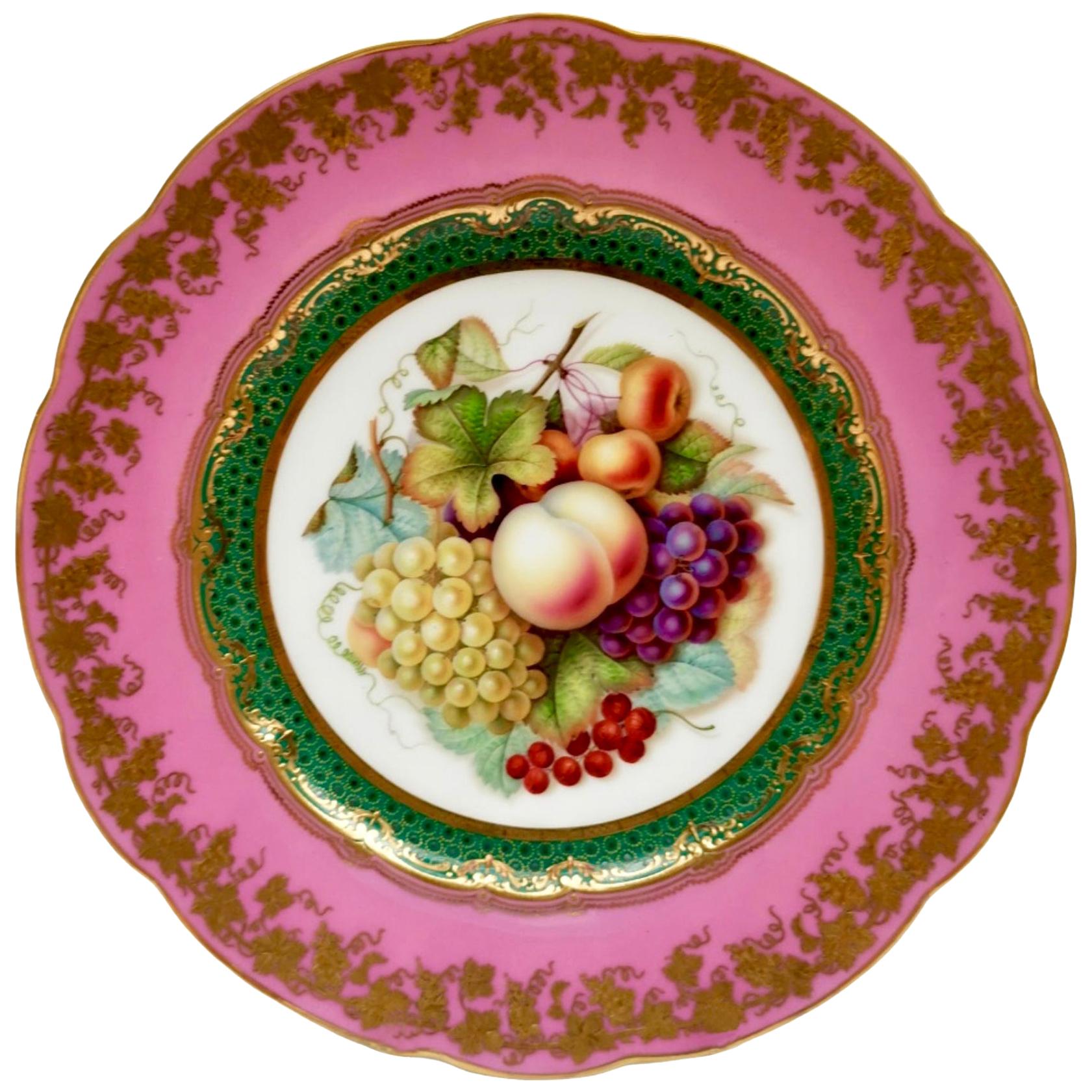 Coalport Porcelain Plate, Rose du Barry Pink, Fruits by Jabey Aston, circa 1870 For Sale