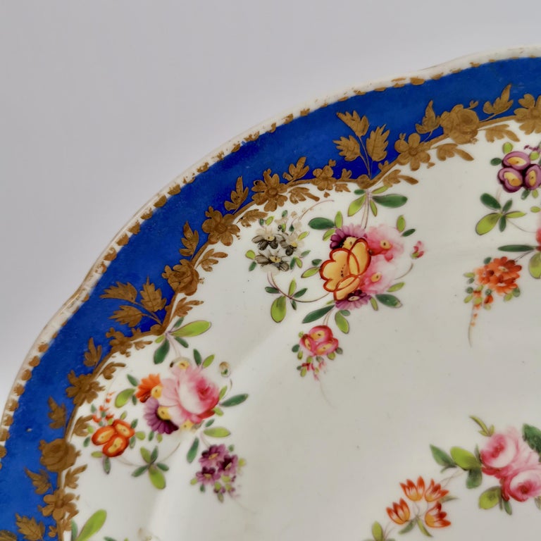 Regency Coalport Porcelain Plate, Royal Blue with Flower Garlands, 1820-1825 For Sale