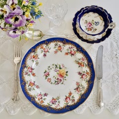 Coalport Porcelain Plate, Royal Blue with Flower Garlands, 1820-1825
