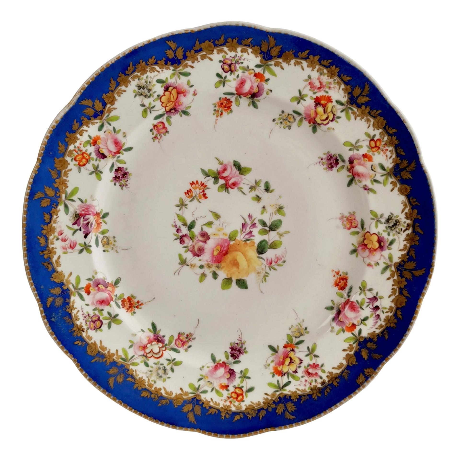 Coalport Porcelain Plate, Royal Blue with Flower Garlands, 1820-1825