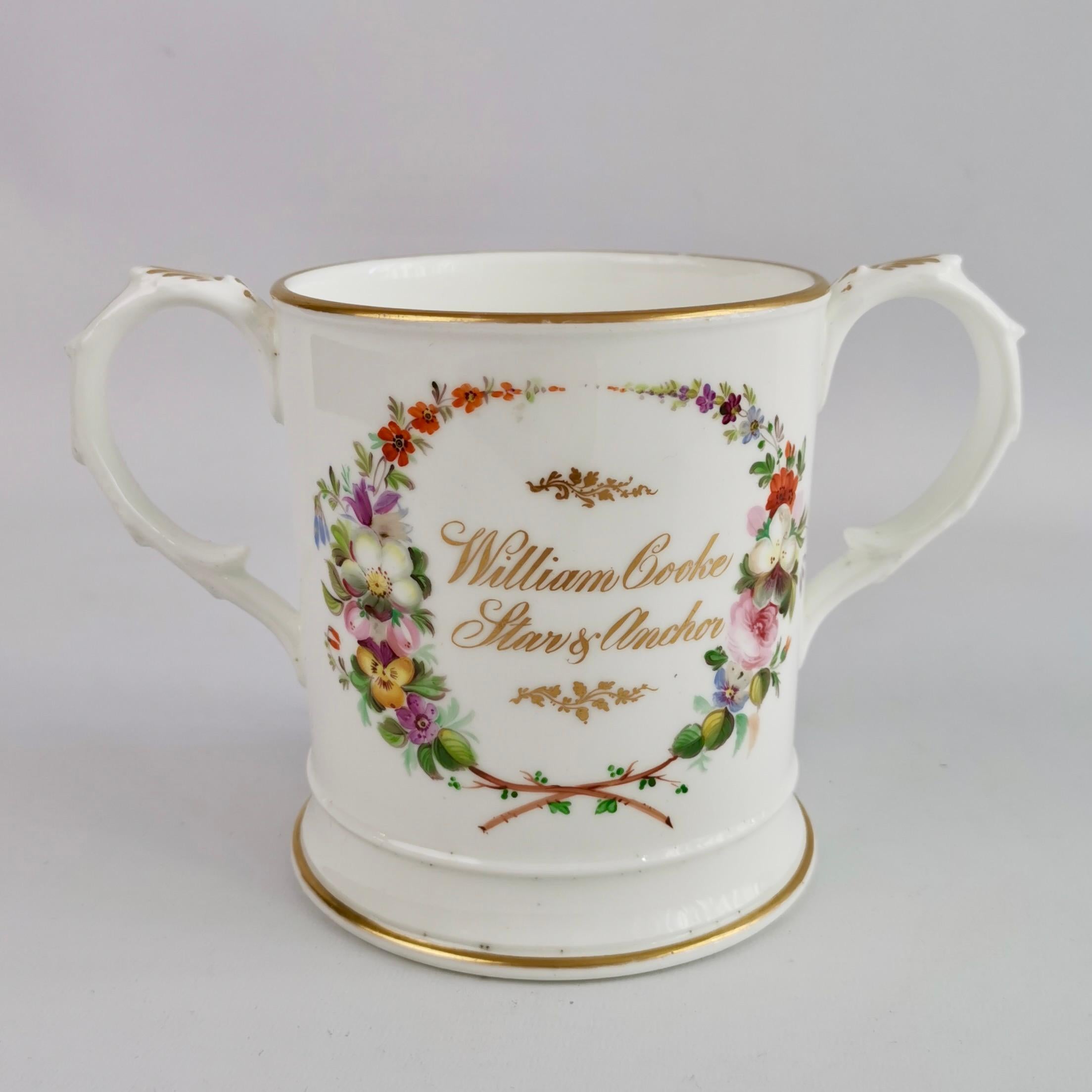 Victorian Coalport Porcelain Porter Mug, Flowers by Thomas Dixon for William Cooke, 1845