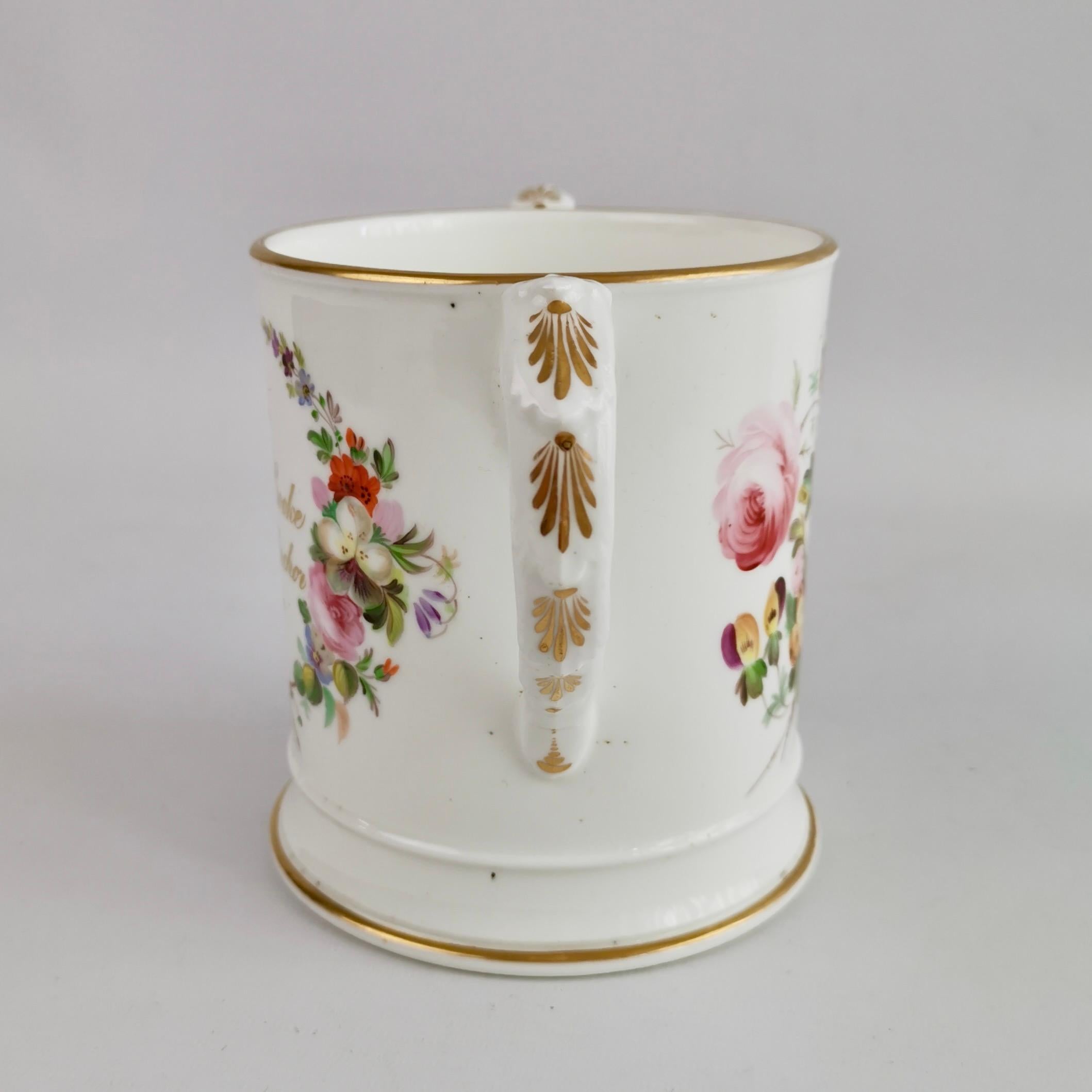 English Coalport Porcelain Porter Mug, Flowers by Thomas Dixon for William Cooke, 1845