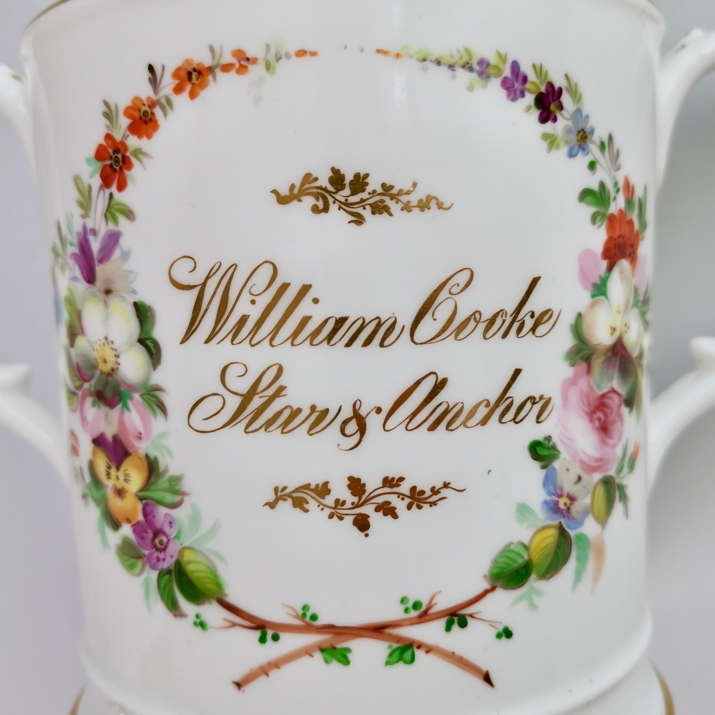 Hand-Painted Coalport Porcelain Porter Mug, Flowers by Thomas Dixon for William Cooke, 1845