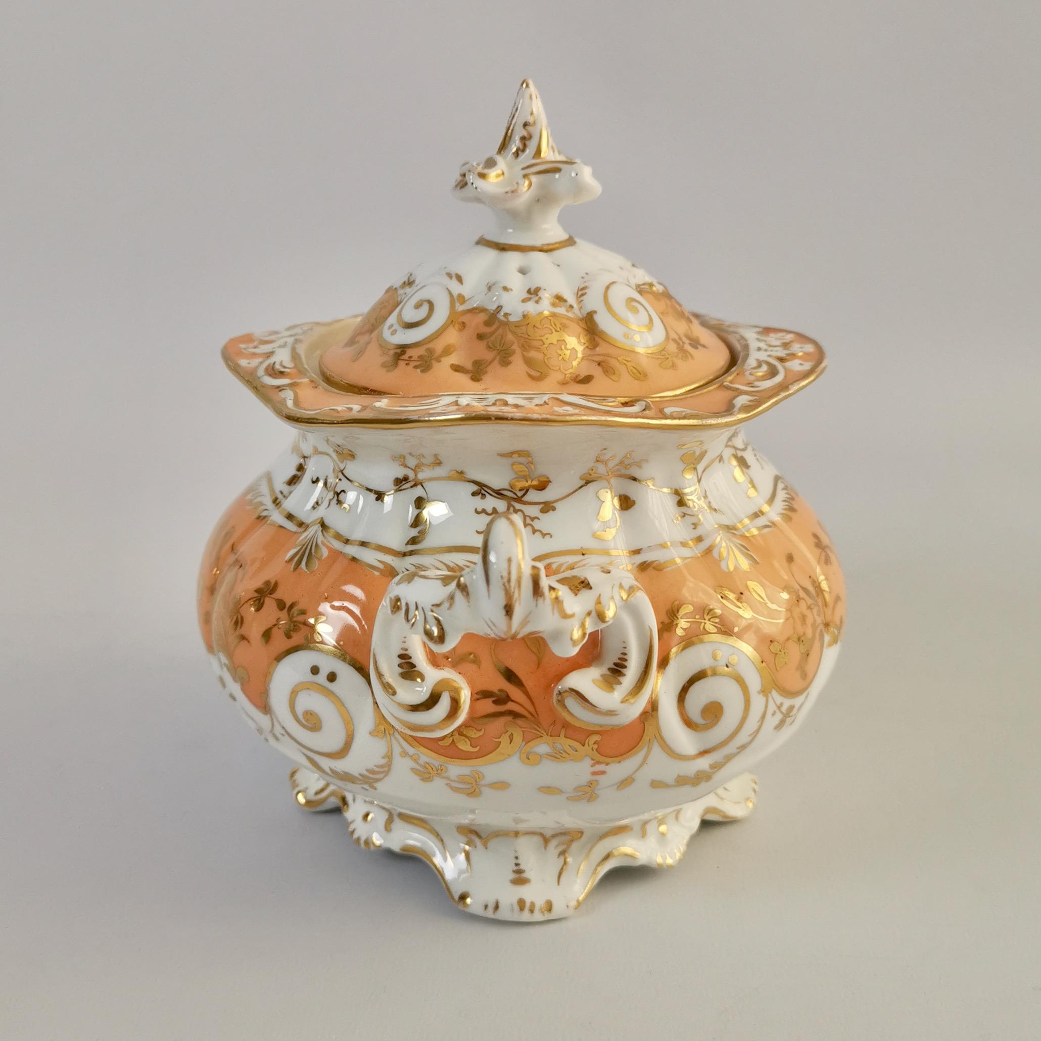 English Coalport Porcelain Sucrier, Apricot and Gilt, Rococo Revival, circa 1835