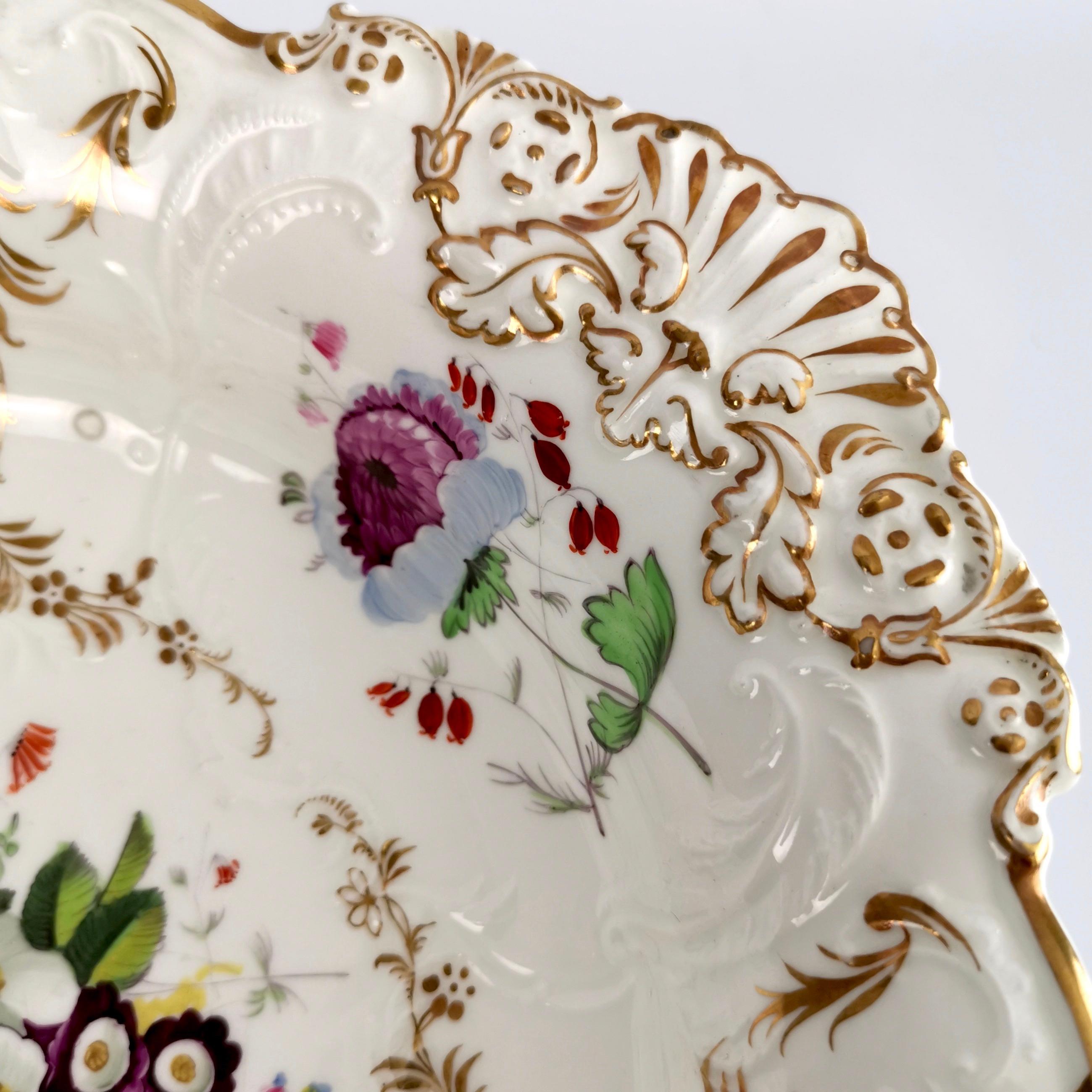 English Coalport Porcelain Tazza, Blind-Moulded White, Swansea Flowers, Regency ca 1820