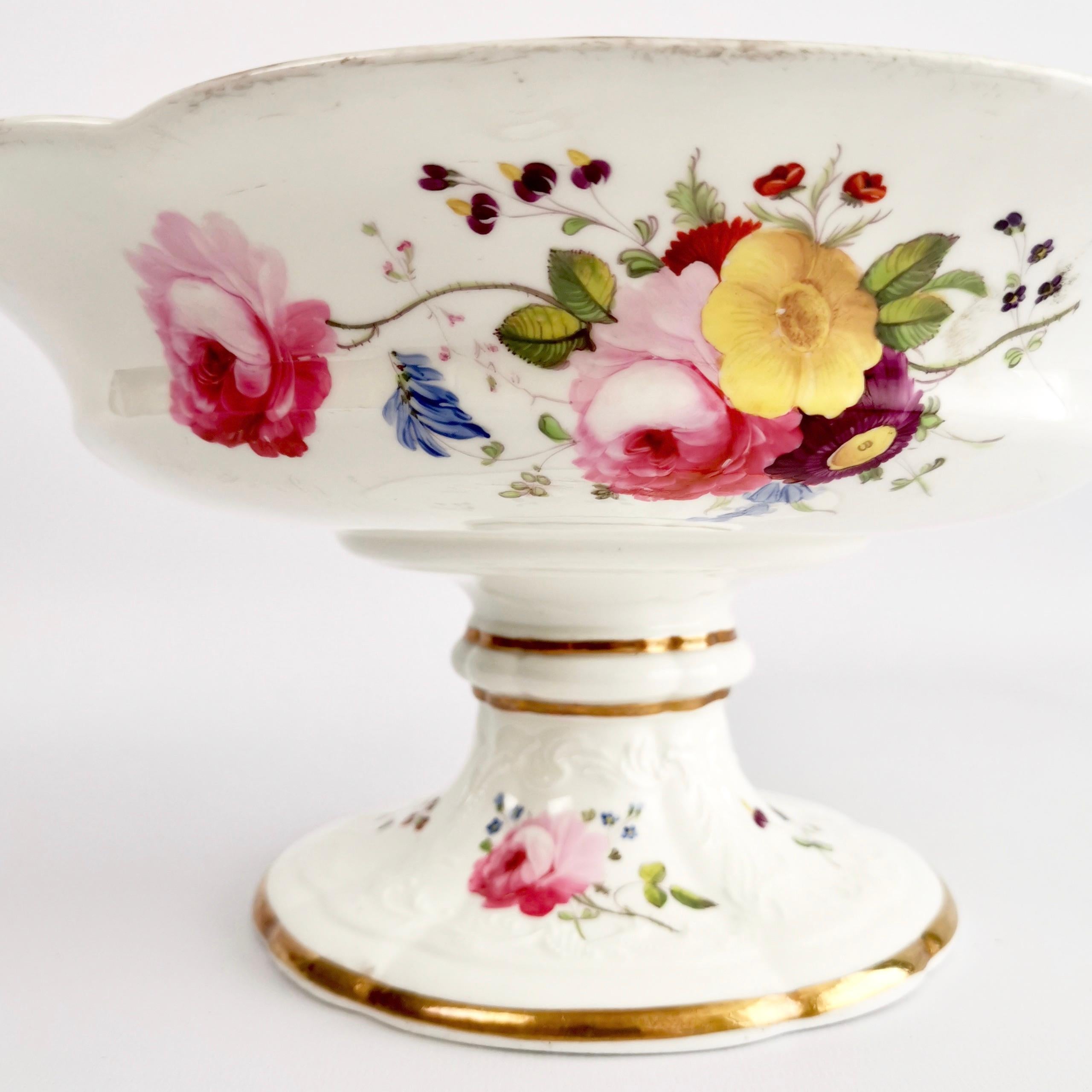 Hand-Painted Coalport Porcelain Tazza, Blind-Moulded White, Swansea Flowers, Regency ca 1820