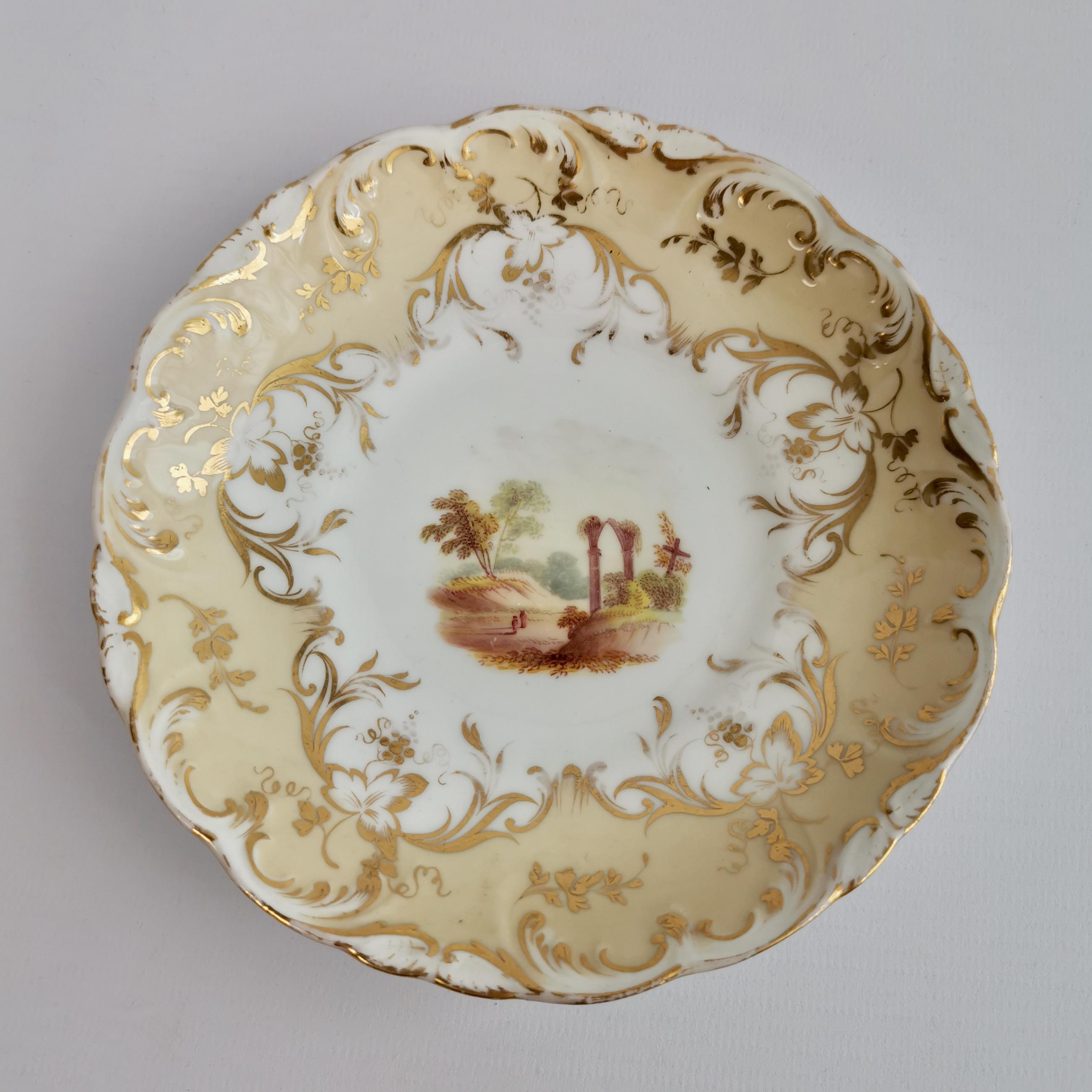English Coalport Porcelain Teacup, Beige with Landscapes, ca 1840