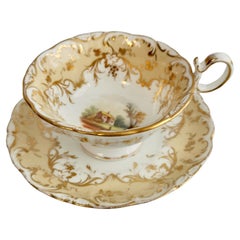 Used Coalport Porcelain Teacup, Beige with Landscapes, ca 1840