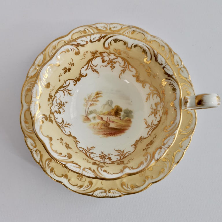 English Coalport Porcelain Teacup, Beige with Landscapes, Rococo Revival, ca 1840 For Sale
