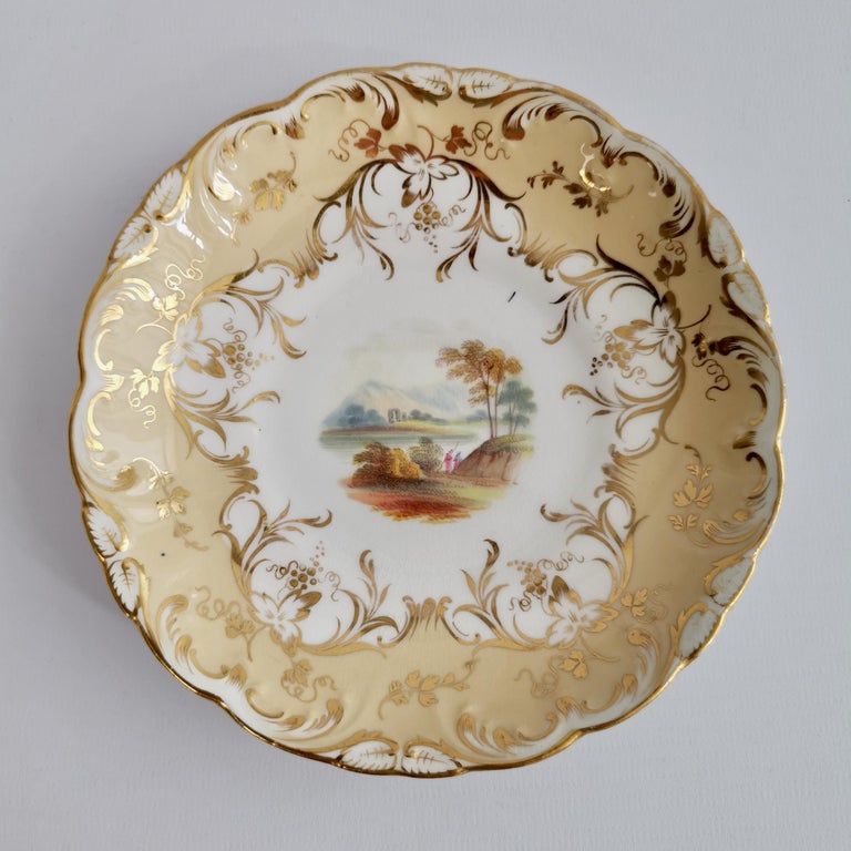 Hand-Painted Coalport Porcelain Teacup, Beige with Landscapes, Rococo Revival, ca 1840 For Sale