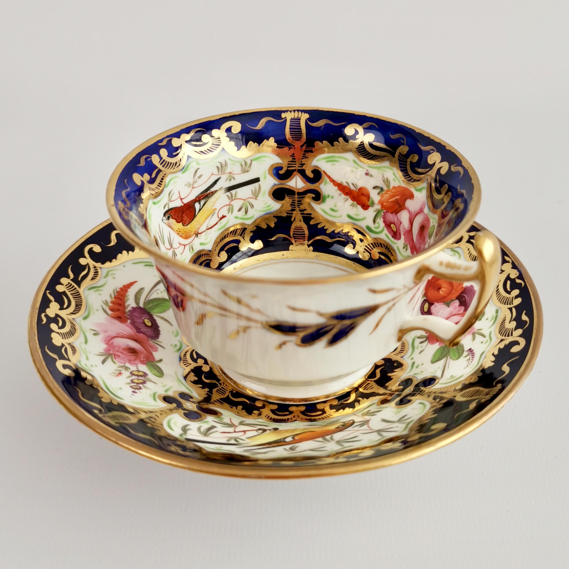 This is a beautiful teaceup and saucer made by Coalport around 1815. The set bears the famous and very wonderful bird pattern with the number 759. Panels with stunning hand painted birds are set in a cobalt blue background with rich gilt decoration.