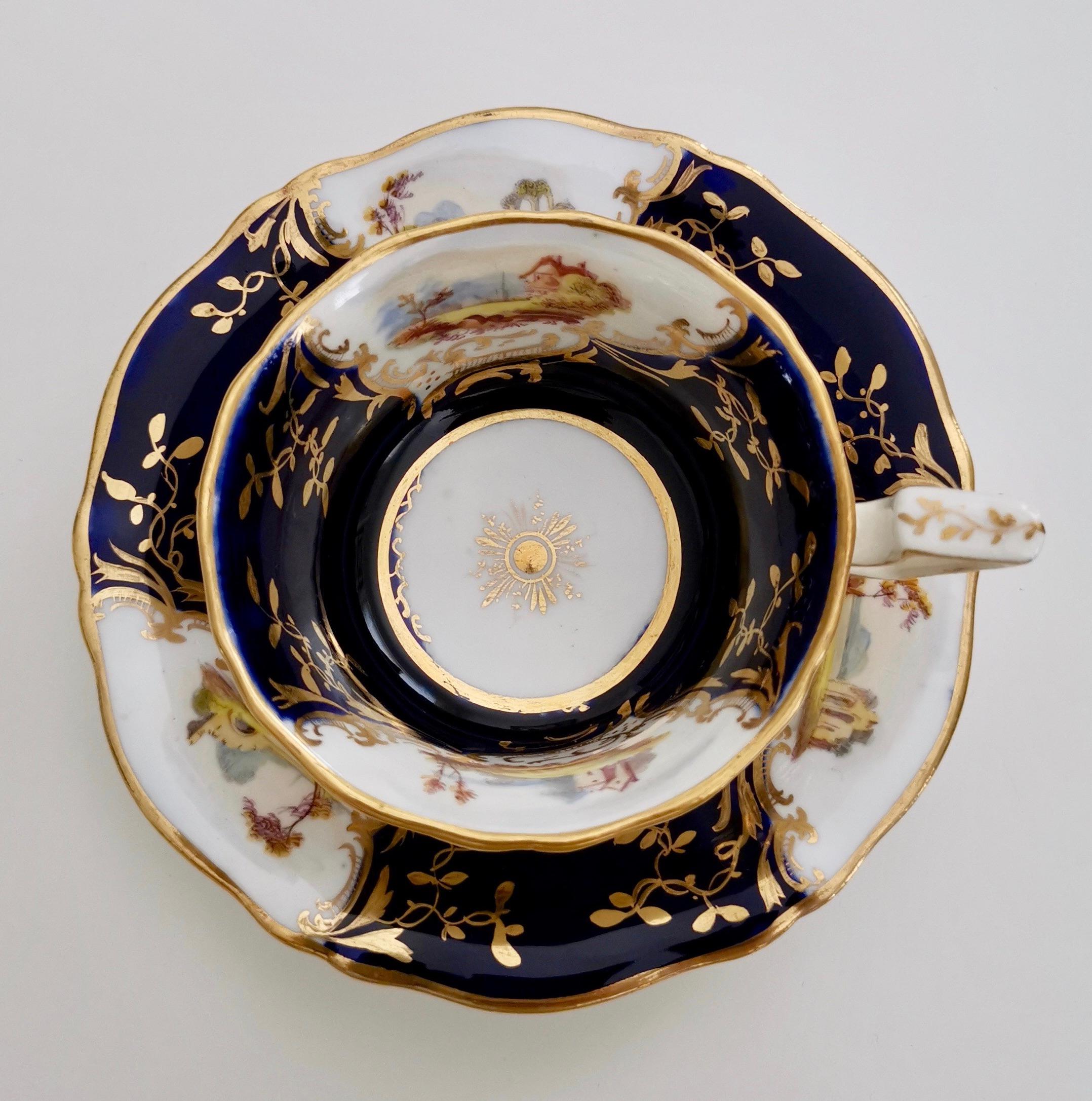 English Coalport Porcelain Teacup, Cobalt Blue with Landscapes, Regency, circa 1823