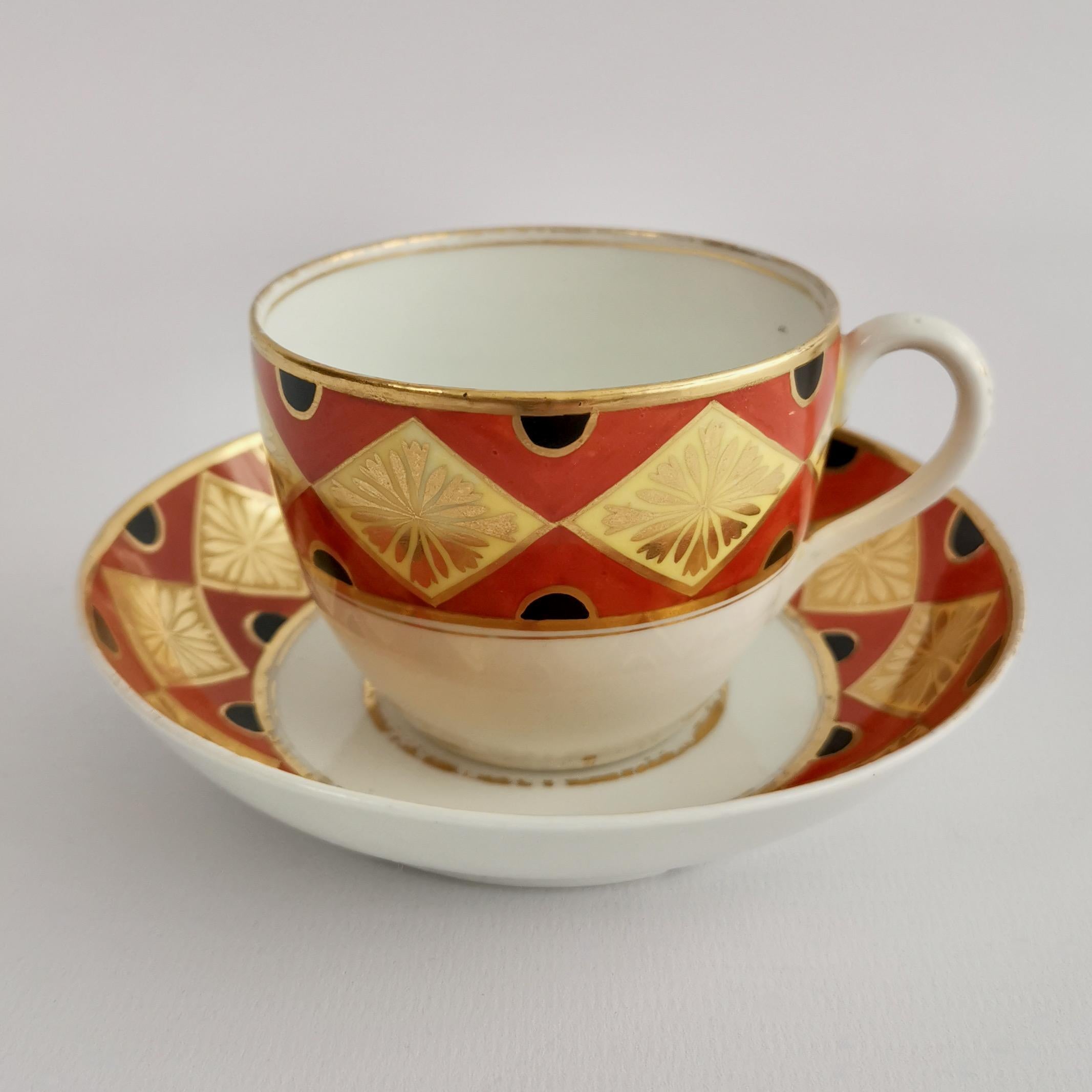This is a very charming teacup and saucer made by Coalport in about 1805. The set is decorated with a bold New-classical decoration of a geometrical pattern in red, yellow, black and gilt. It is very well possible that this set was made by Thomas