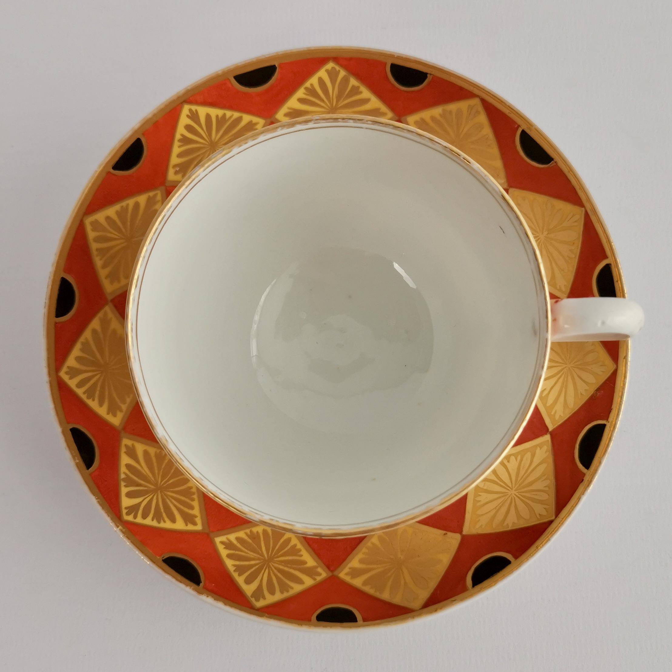 English Coalport Porcelain Teacup, Neo-classical Design Red, Yellow and Black, ca 1805