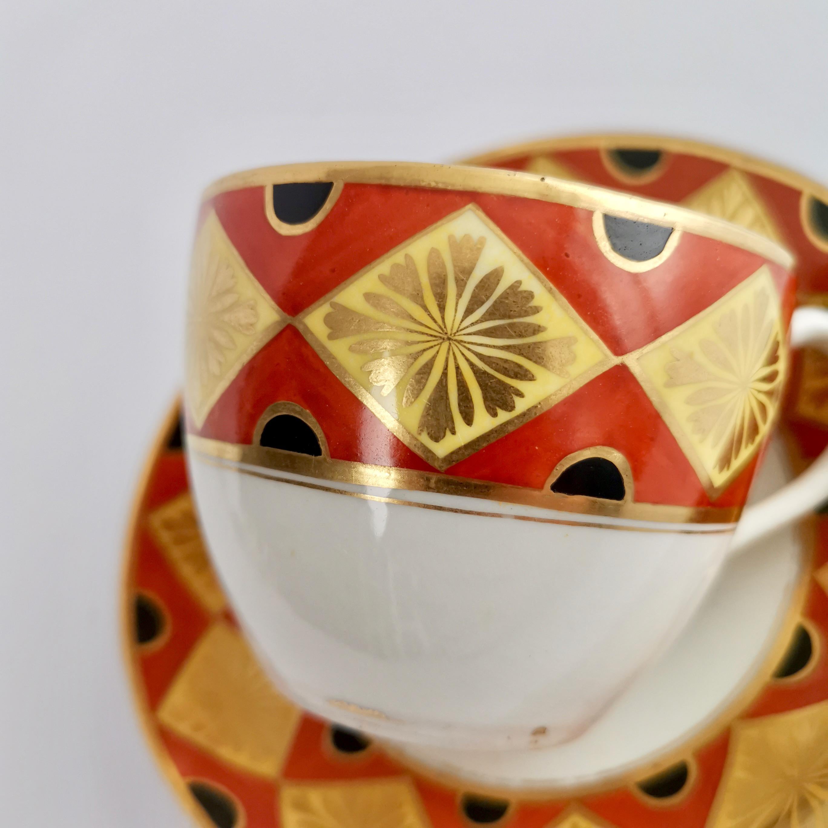 Hand-Painted Coalport Porcelain Teacup, Neo-classical Design Red, Yellow and Black, ca 1805