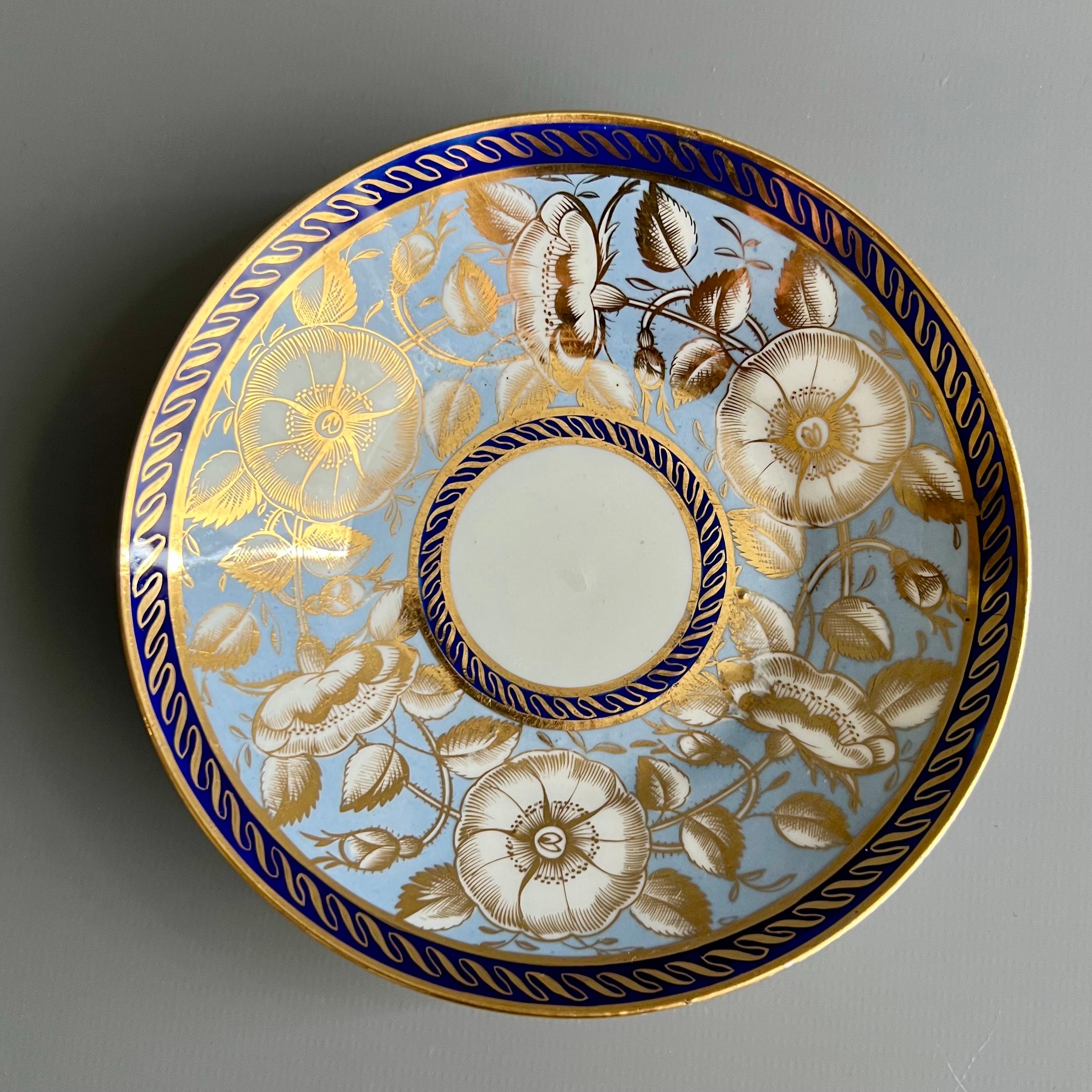 English Coalport Porcelain Teacup, Periwinkle Lilac, Gilt Wild Roses, Regency, Ca 1815