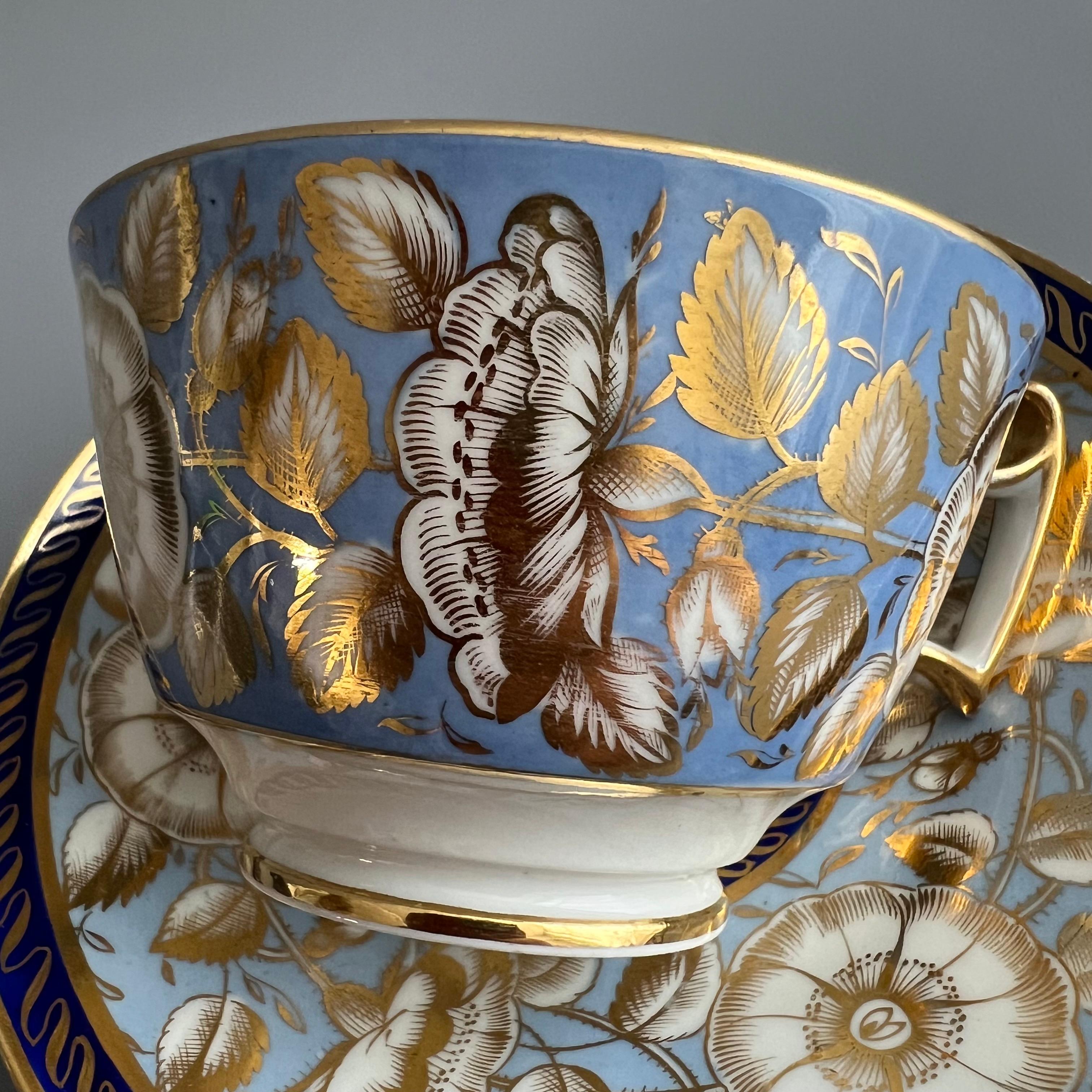 Coalport Porcelain Teacup, Periwinkle Lilac, Gilt Wild Roses, Regency, Ca 1815 1