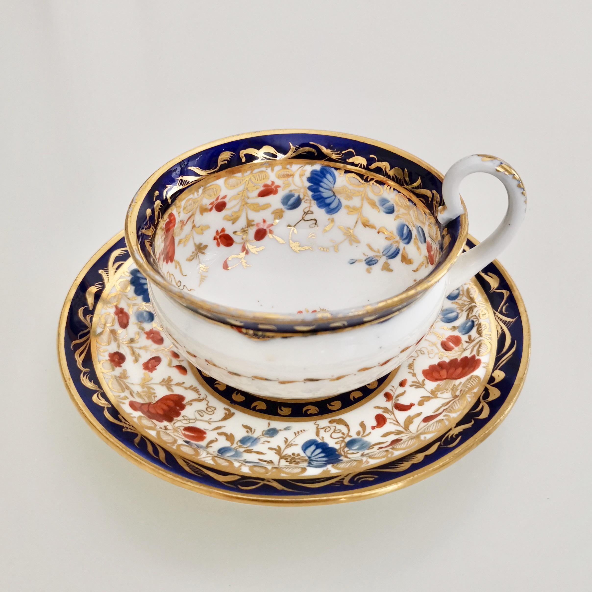 English Coalport Porcelain Teacup Trio, White and Floral, Empire Shape, Regency ca 1815