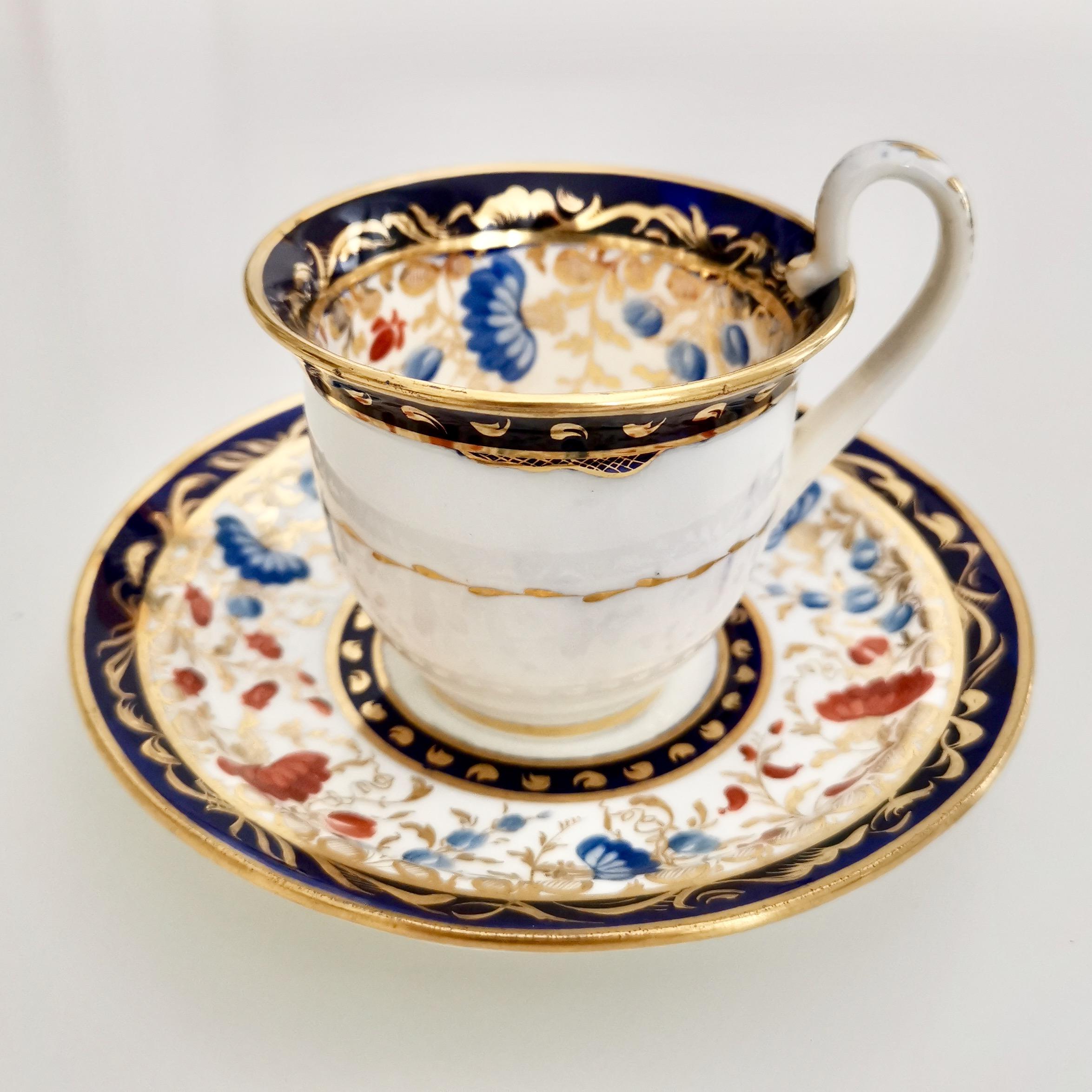 Hand-Painted Coalport Porcelain Teacup Trio, White and Floral, Empire Shape, Regency ca 1815