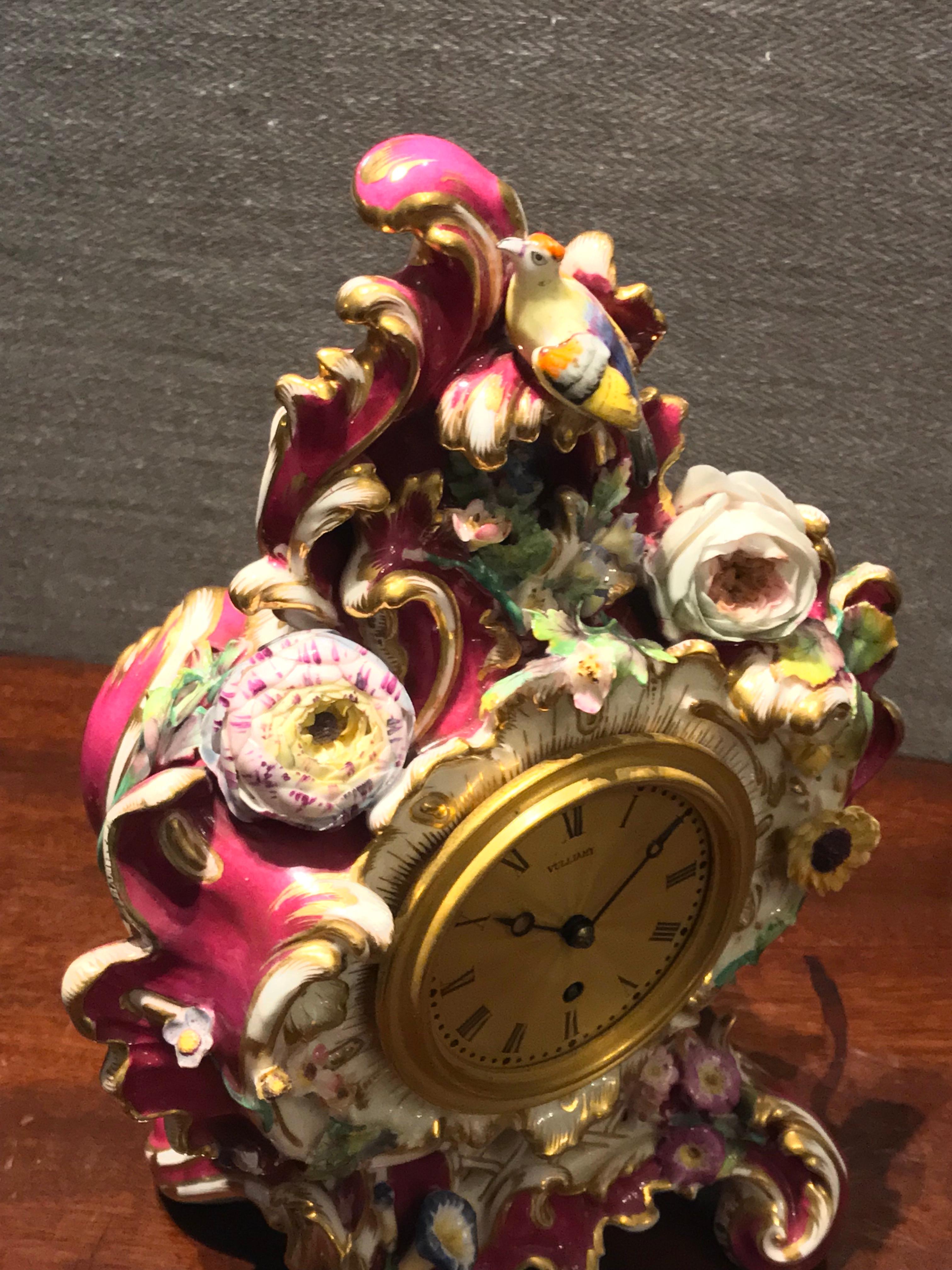 Painted Victorian Antique Porcelain Mantel Clock by Benjamin Lewis Vulliamy, London For Sale