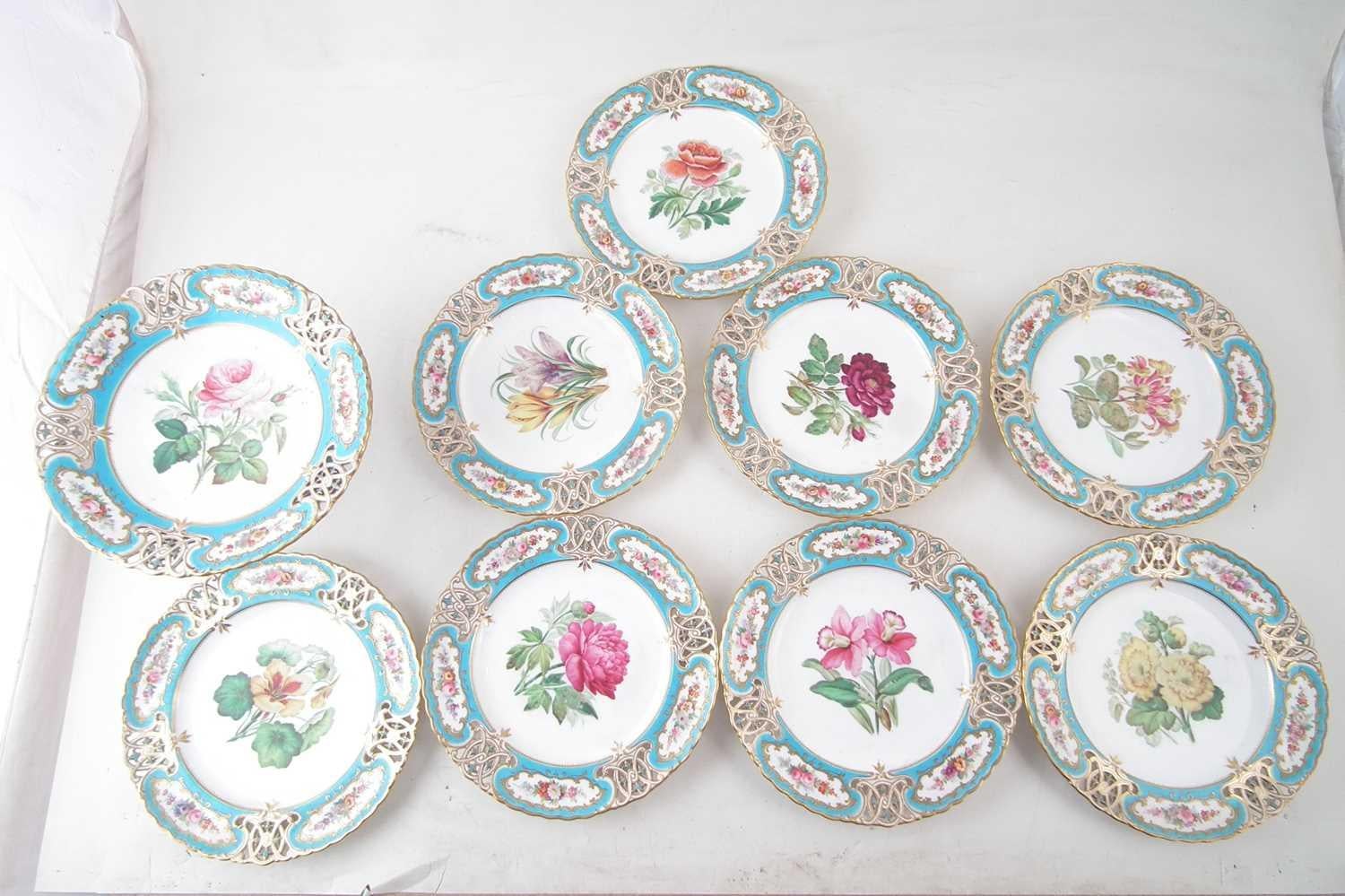 English Minton Reticulated Royal Arms Botanical Turquoise Dessert Service For Sale 5