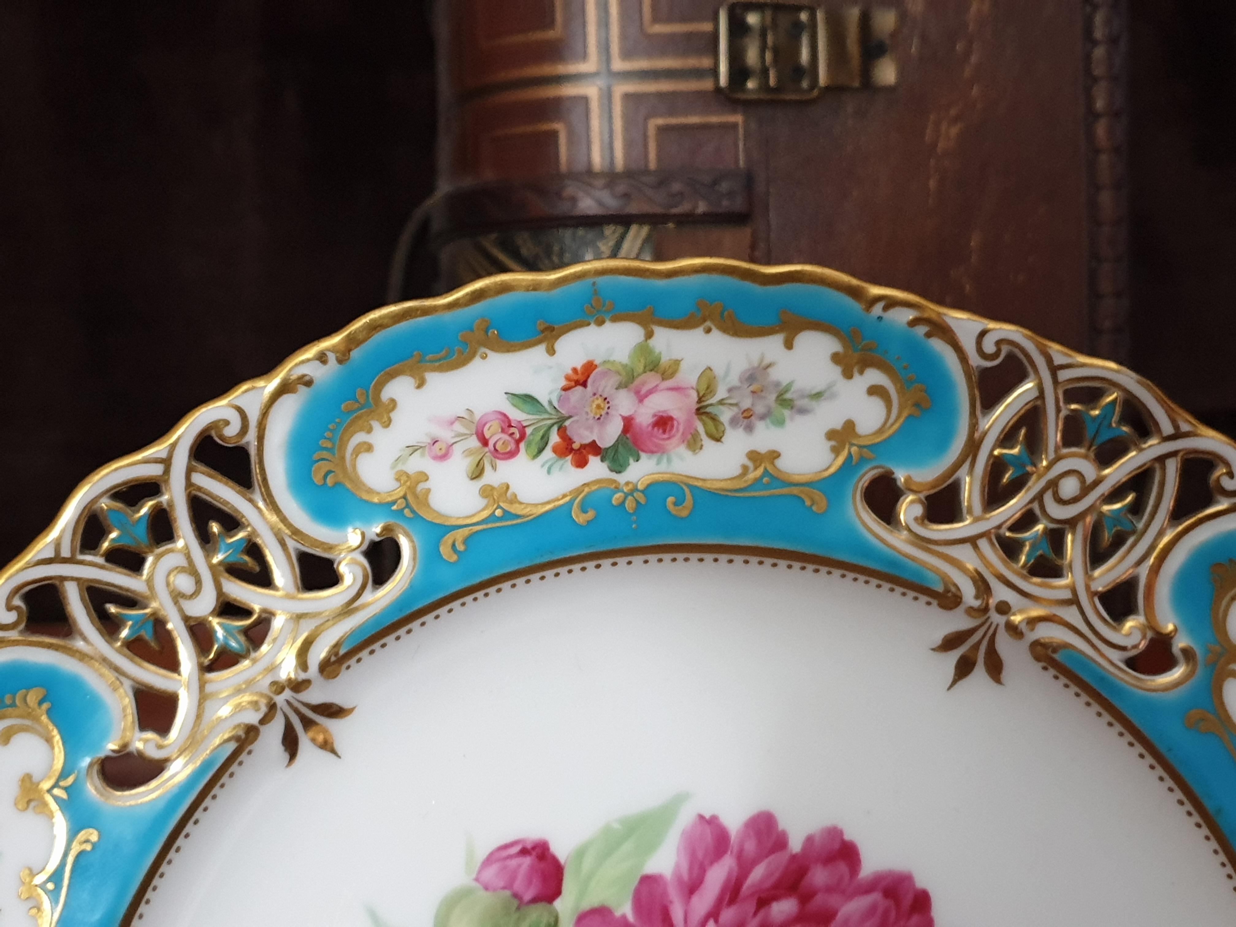 19th Century English Minton Reticulated Royal Arms Botanical Turquoise Dessert Service For Sale