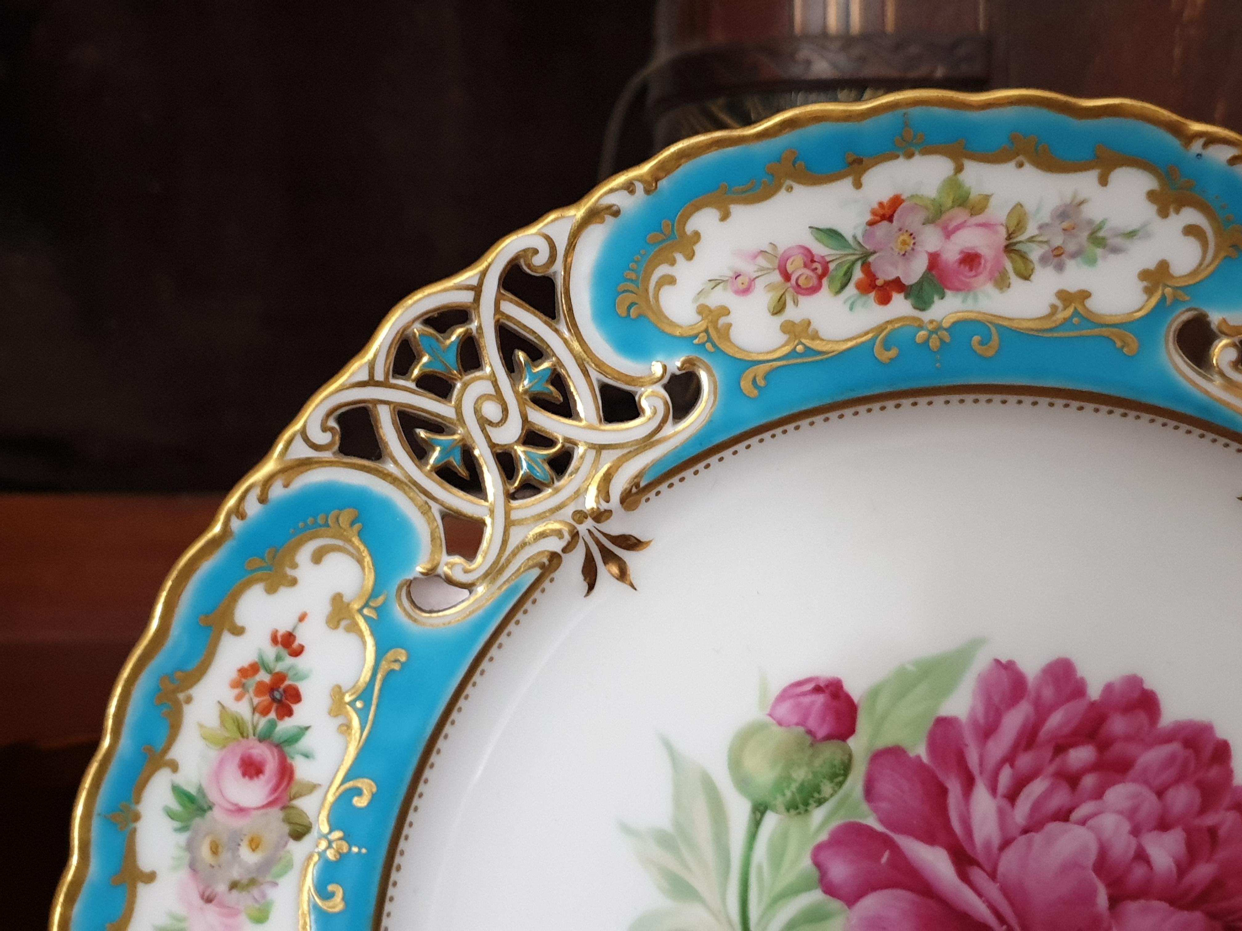 Porcelain English Minton Reticulated Royal Arms Botanical Turquoise Dessert Service For Sale