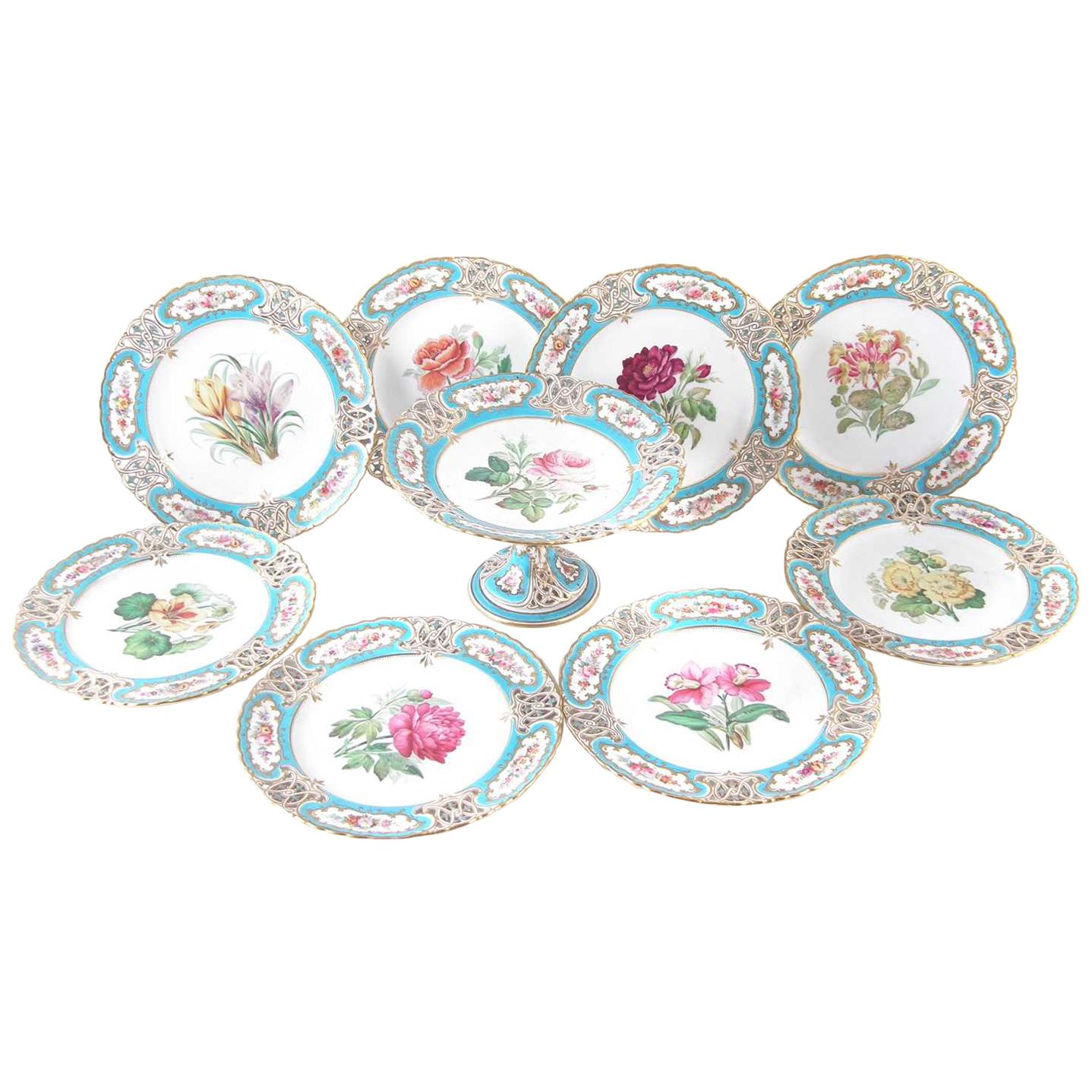 English Minton Reticulated Royal Arms Botanical Turquoise Dessert Service For Sale