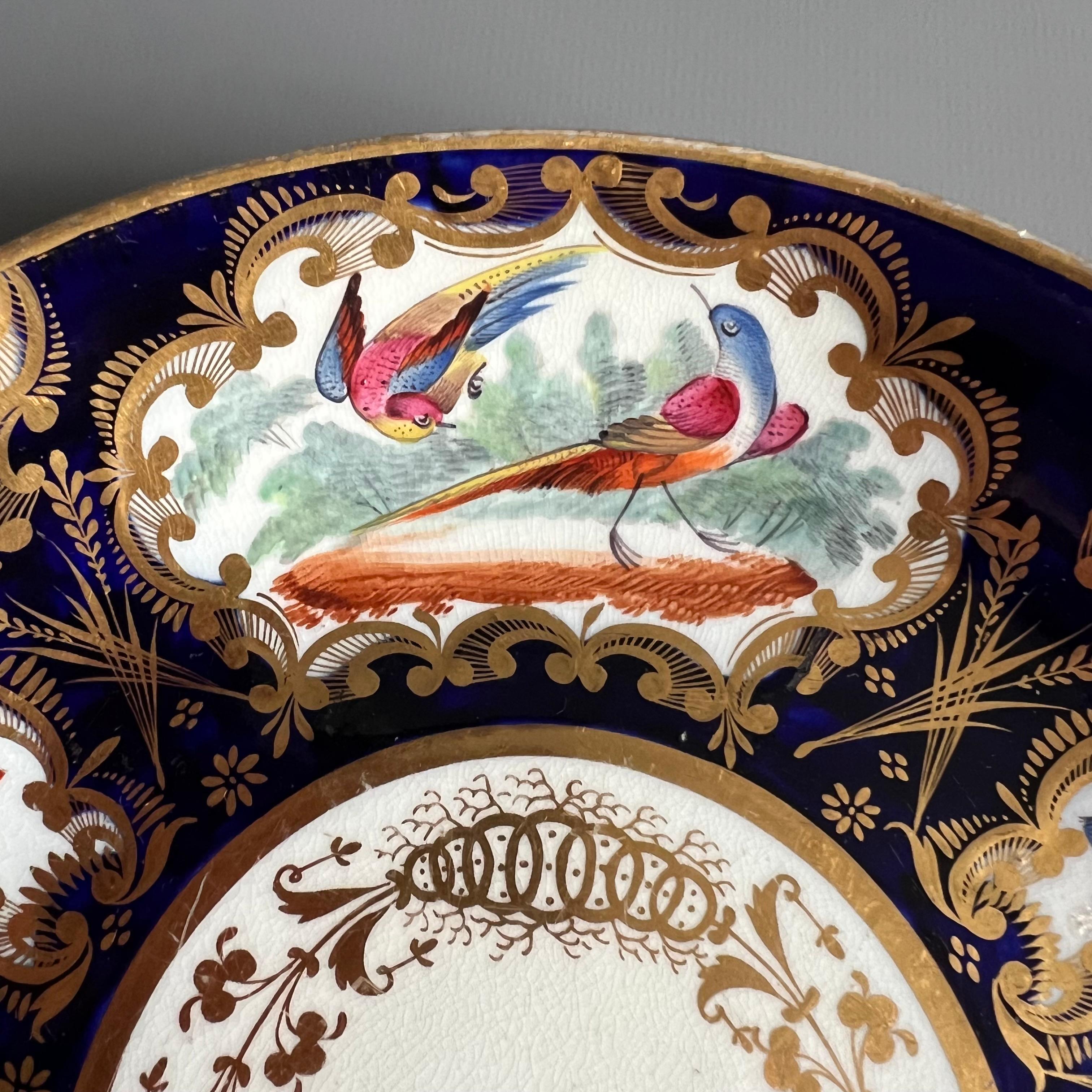 Il s'agit d'une belle assiette creuse fabriquée par Coalport vers 1815. Cette assiette aurait fait partie d'un grand service à thé. L'assiette est décorée d'un fond bleu cobalt profond, d'une élégante dorure et de magnifiques 