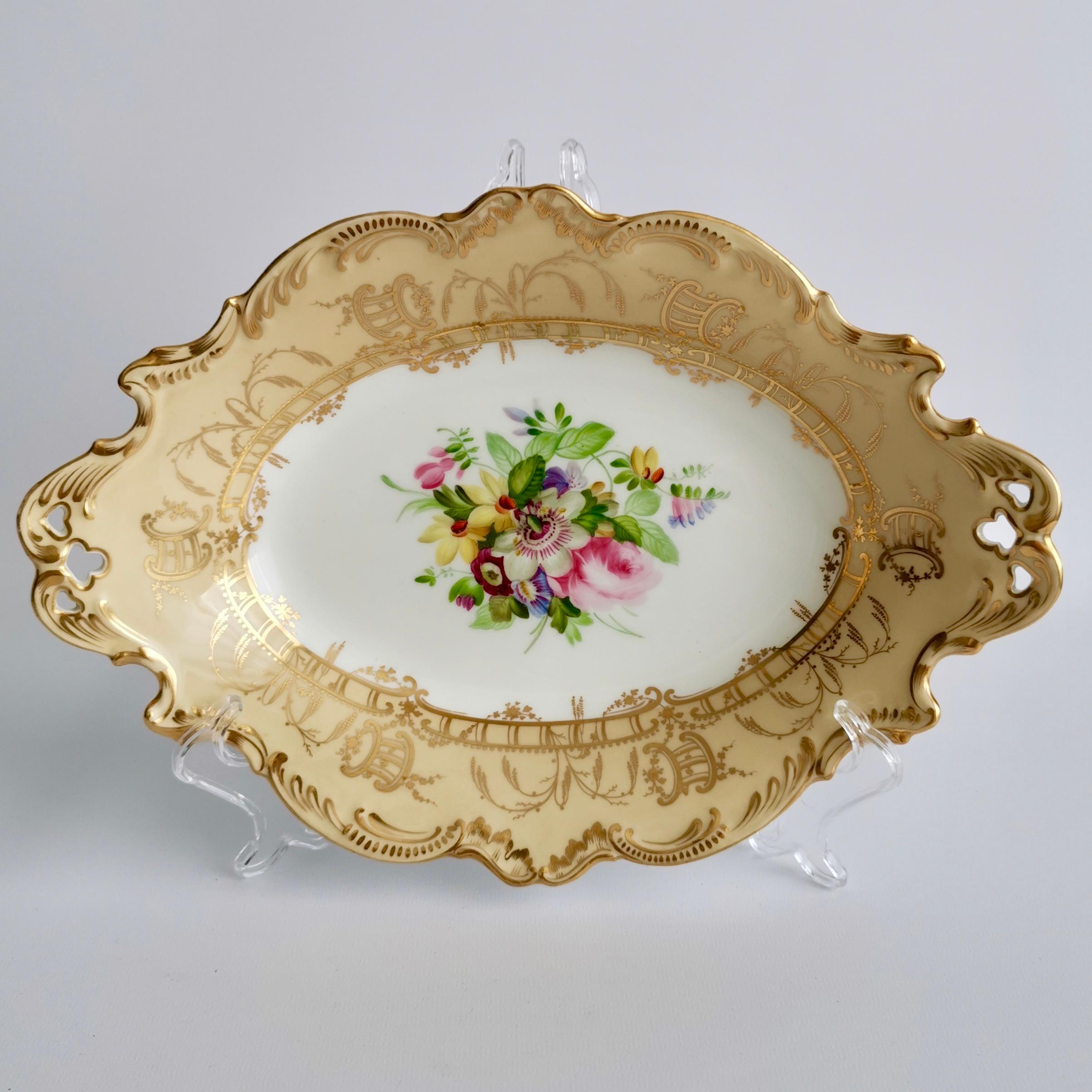 Victorian Coalport Set of 2 Oval Dessert Dishes, Beige with Flowers by Thomas Dixon, 1847