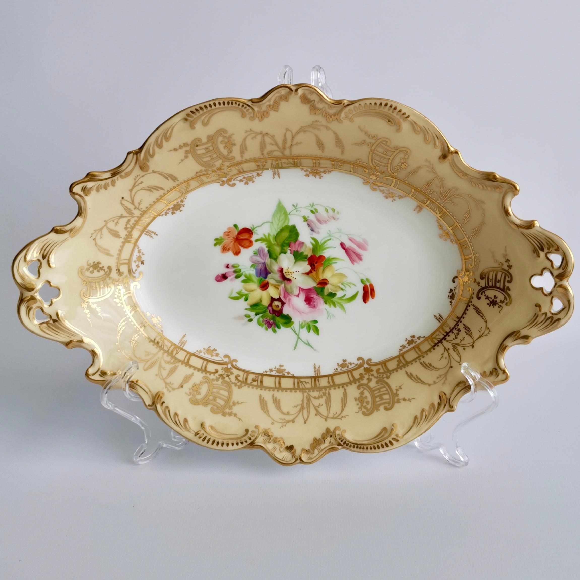 English Coalport Set of 2 Oval Dessert Dishes, Beige with Flowers by Thomas Dixon, 1847