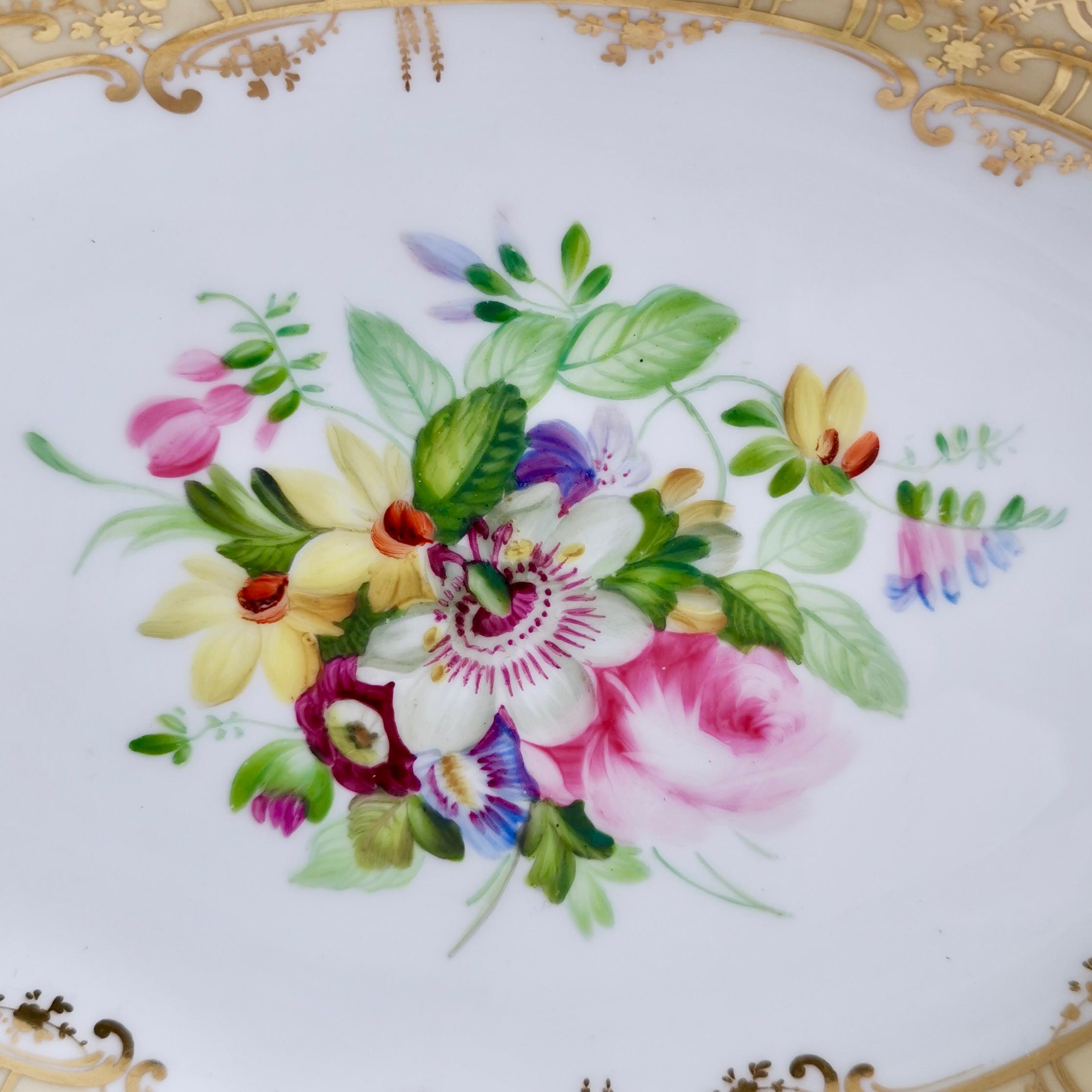 Hand-Painted Coalport Set of 2 Oval Dessert Dishes, Beige with Flowers by Thomas Dixon, 1847
