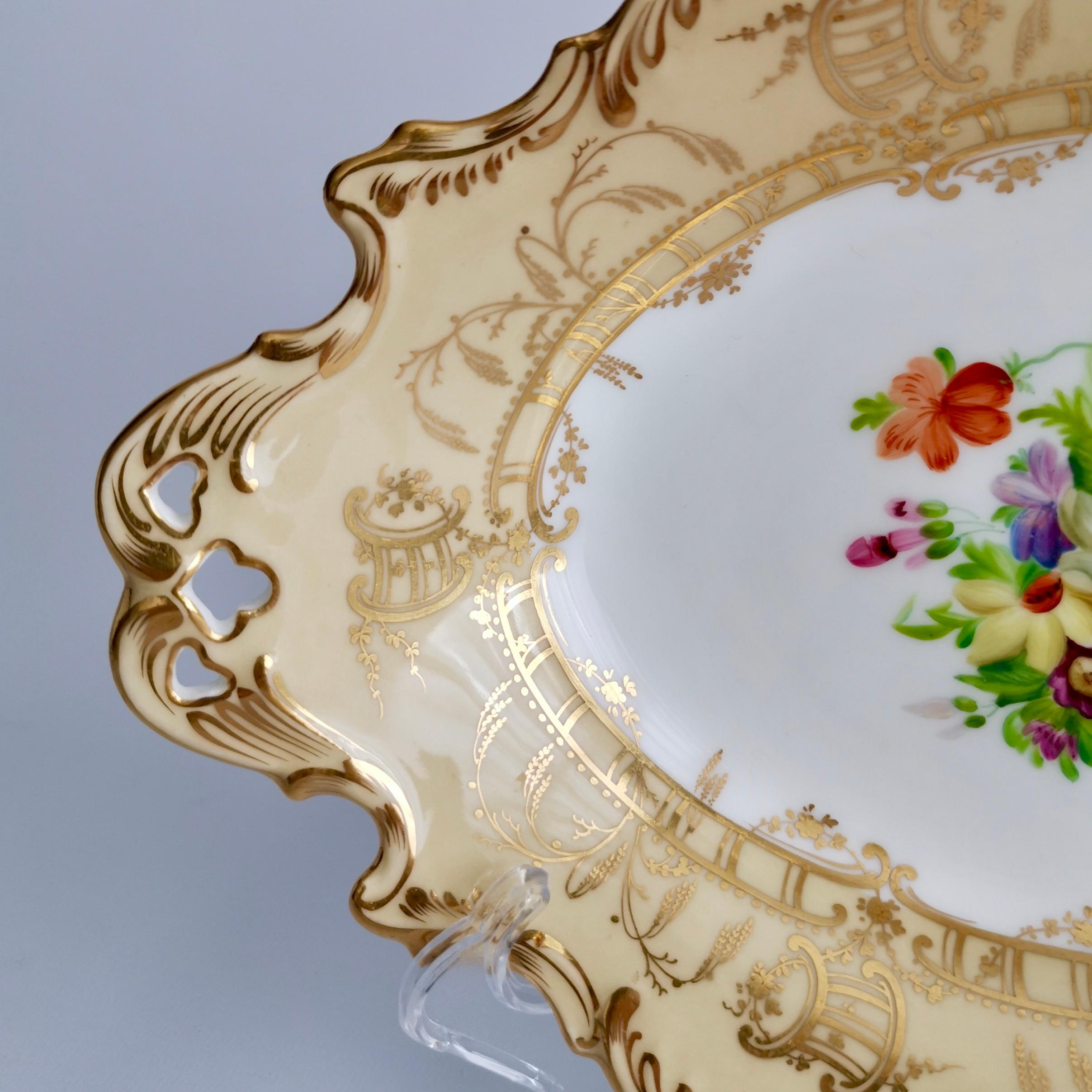 Mid-19th Century Coalport Set of 2 Oval Dessert Dishes, Beige with Flowers by Thomas Dixon, 1847