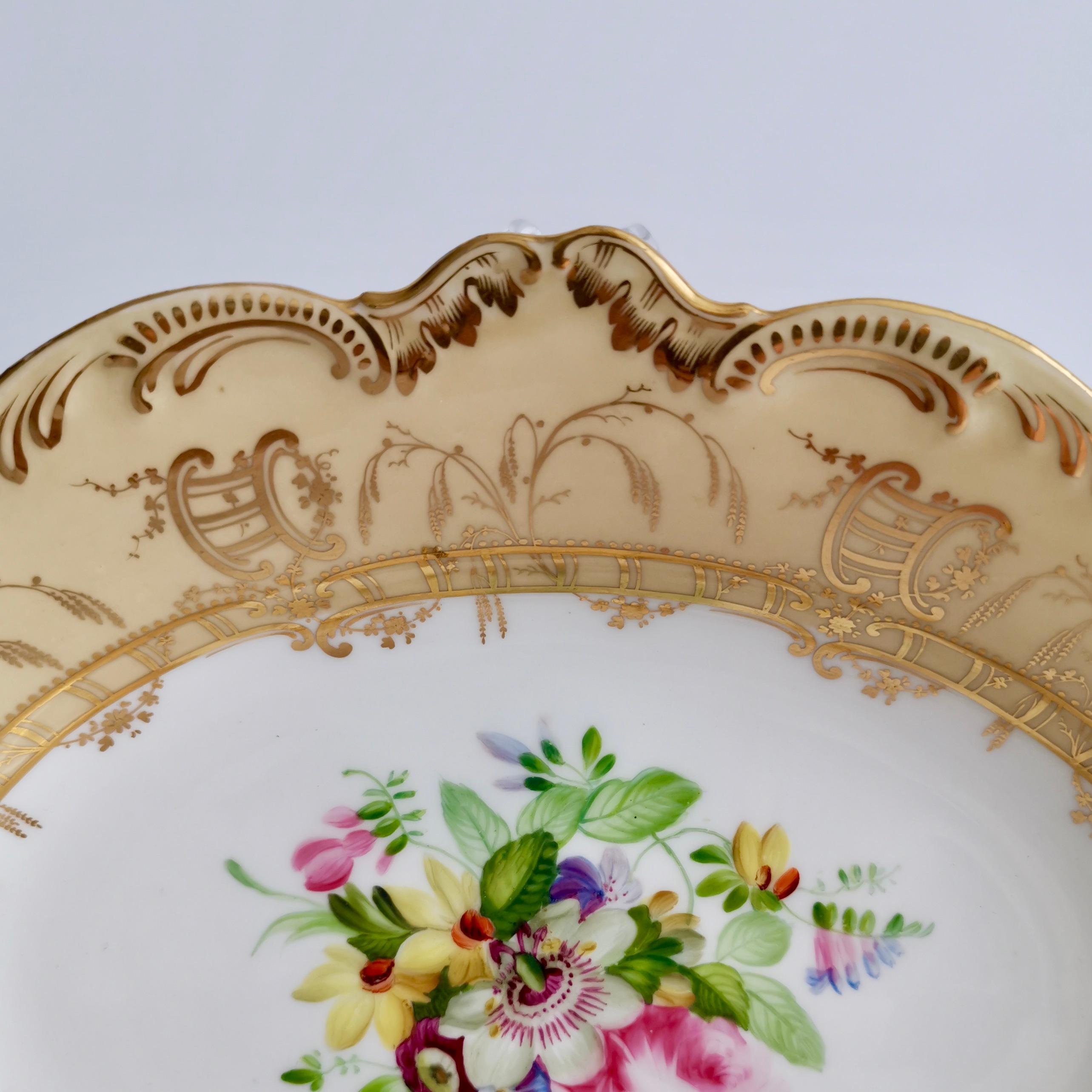Porcelain Coalport Set of 2 Oval Dessert Dishes, Beige with Flowers by Thomas Dixon, 1847
