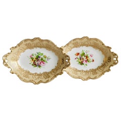 Coalport Set of 2 Oval Dessert Dishes, Beige with Flowers by Thomas Dixon, 1847