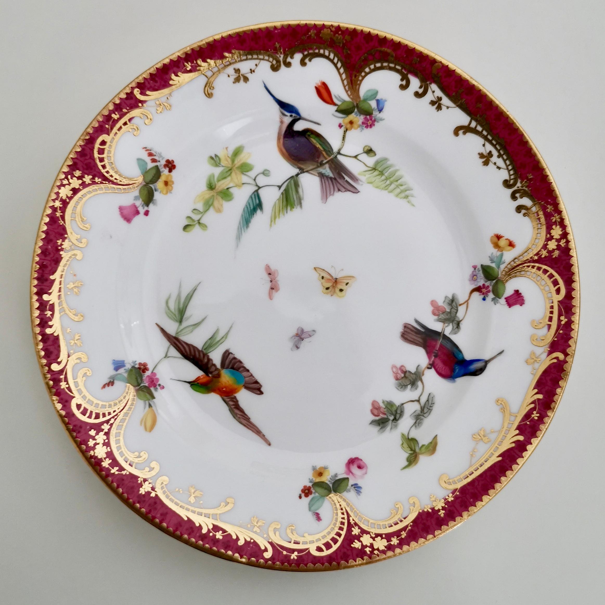 English Coalport Set of 2 Small Plates, Humming Birds by John Randall, circa 1865