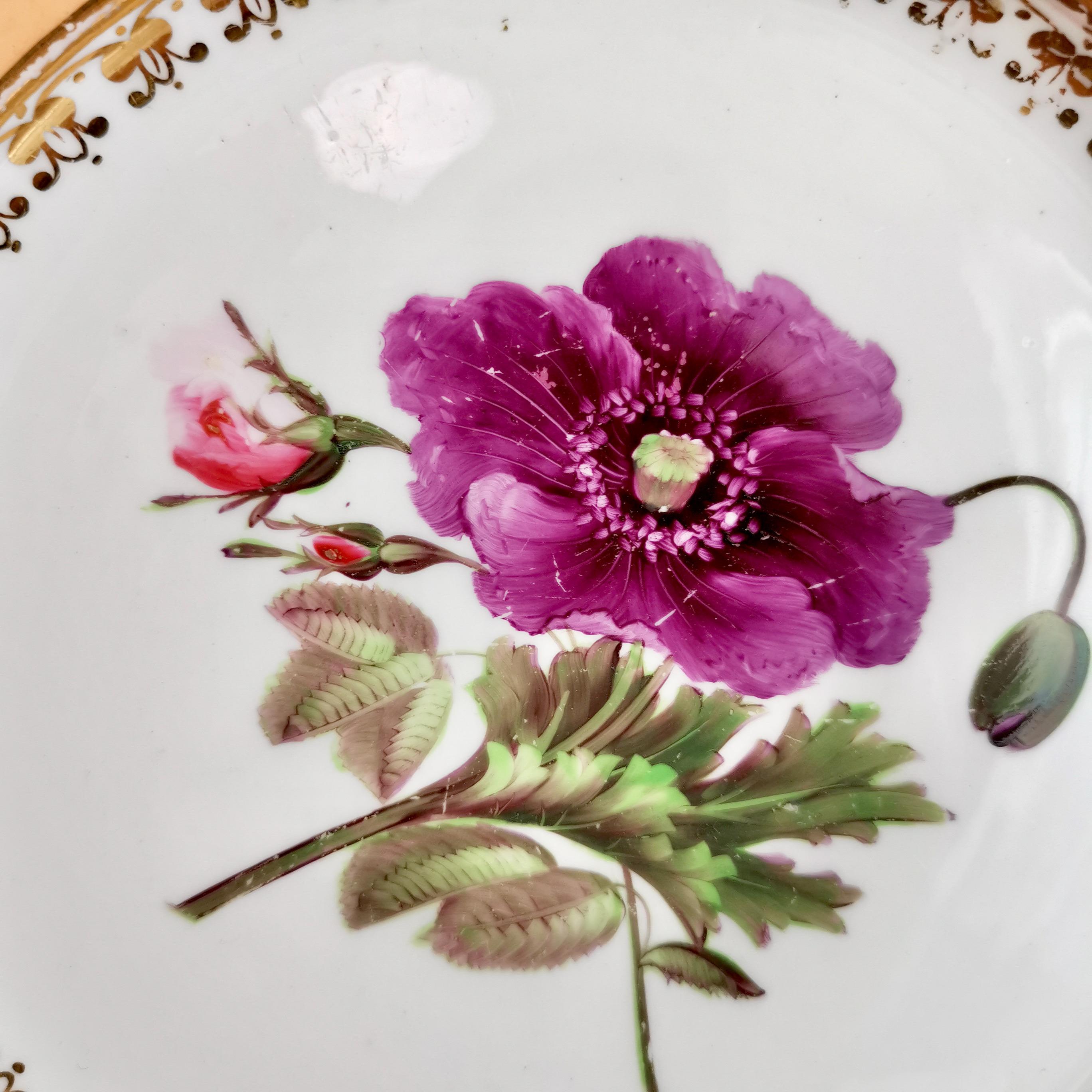 Coalport Set of 4 Plates, Peach with Flowers, Porcelain, Regency 1820-1825 3