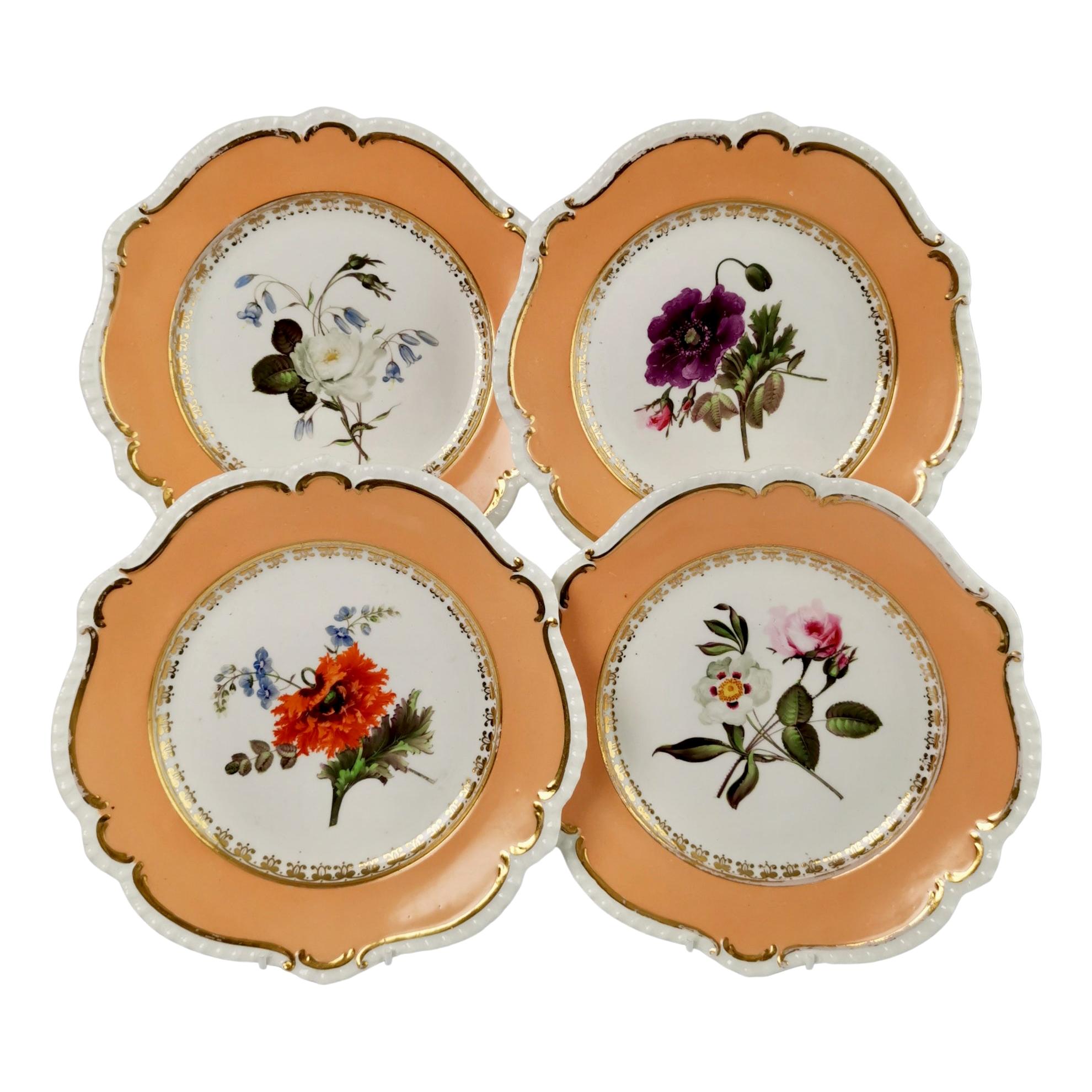 Coalport Set of 4 Plates, Peach with Flowers, Porcelain, Regency 1820-1825