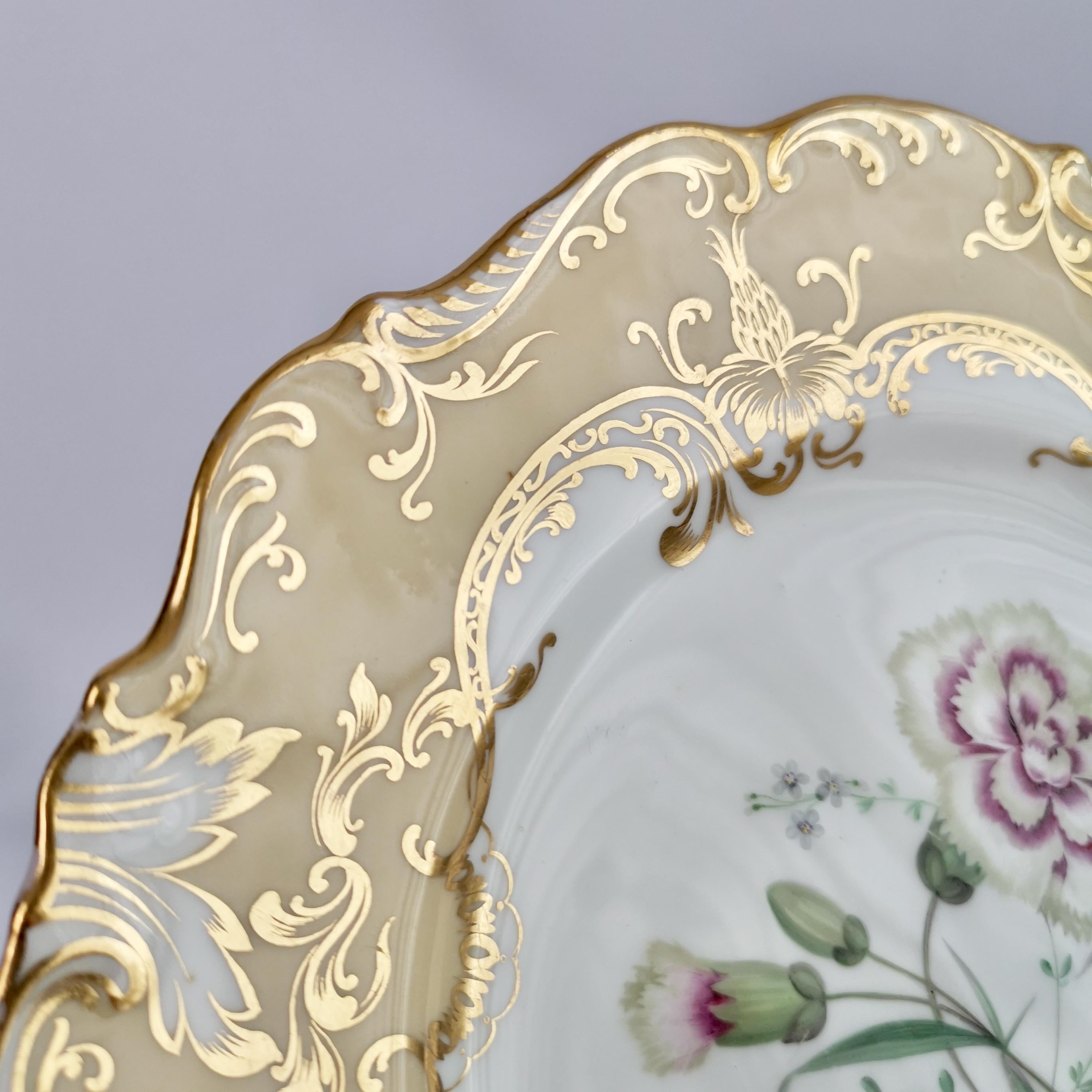 Mid-19th Century Coalport Set of 4 Porcelain Plates, Beige with Flowers Attr. John Toulouse, 1844